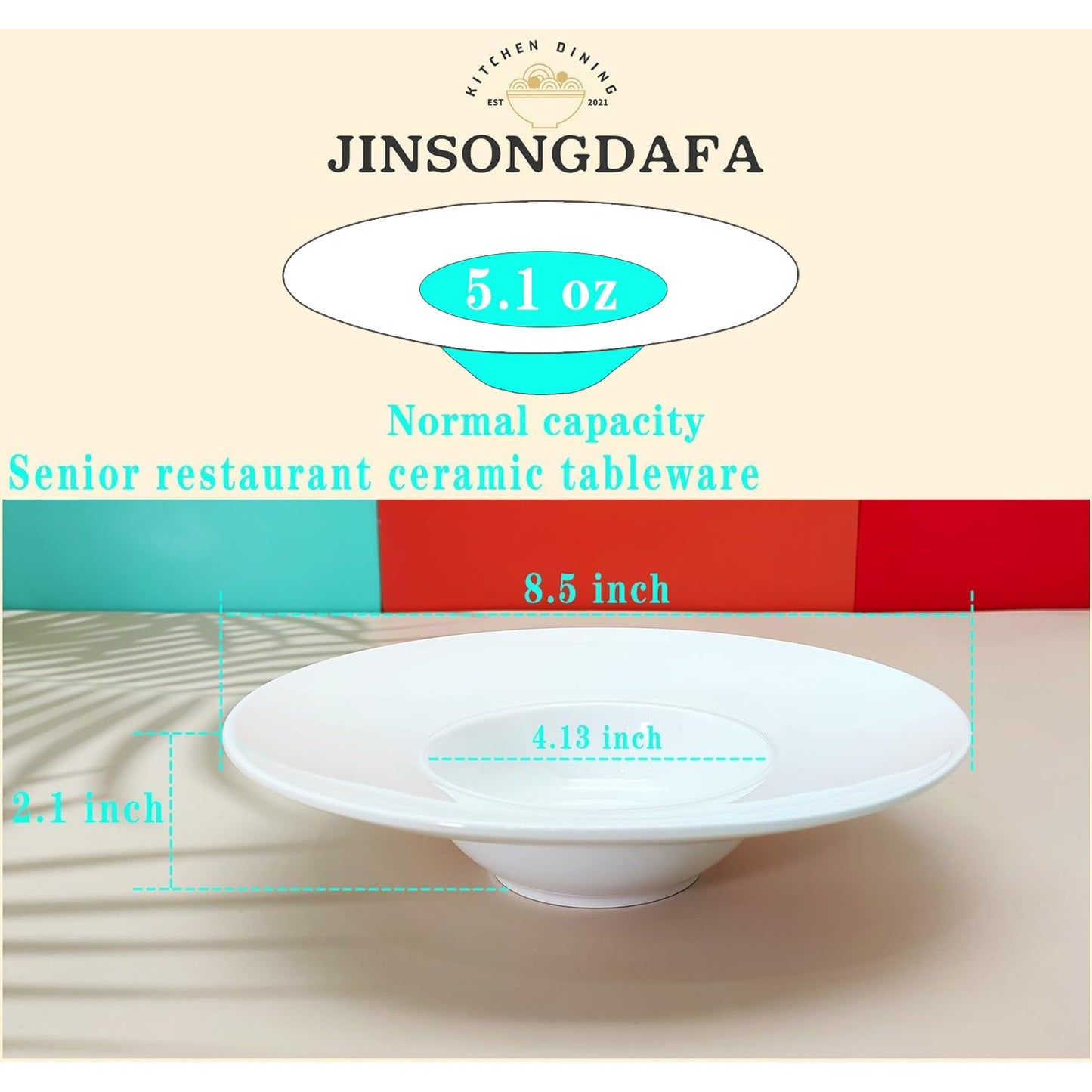 jinsongdafa Soup Bowl, Soup Plate with Rim 5.1 oz, Pasta Bowl Set of 4, White Shallow Bowl Plate, Ceramic Wide Rimmed Soup Bowl, Best choice for high-end restaurants, hotels, and foodies, 8.5 Inch