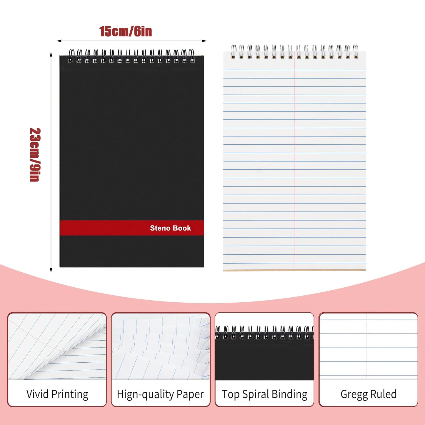10 Pack Top Spiral Notebooks, 6" x 9" Mini Spiral Steno Pads White Paper Gregg Rule, 80 Sheets Steno Notebooks with Black Covers for School, University, College, Office, Home