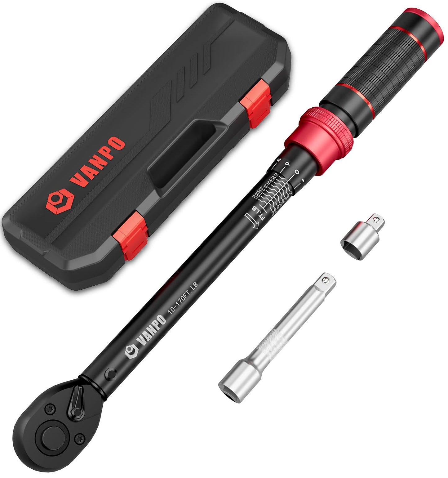 VANPO 1/2-inch Drive Click Torque Wrench,10-170 Ft-Lb/13.6-230.5 Nm,Adjustable Torque Wrench Set with 1/2" to 3/8" Adapter,125mm Extension Bar,72 Tooth, Dual-Direction Torque Wrench for Motorcycle,Car