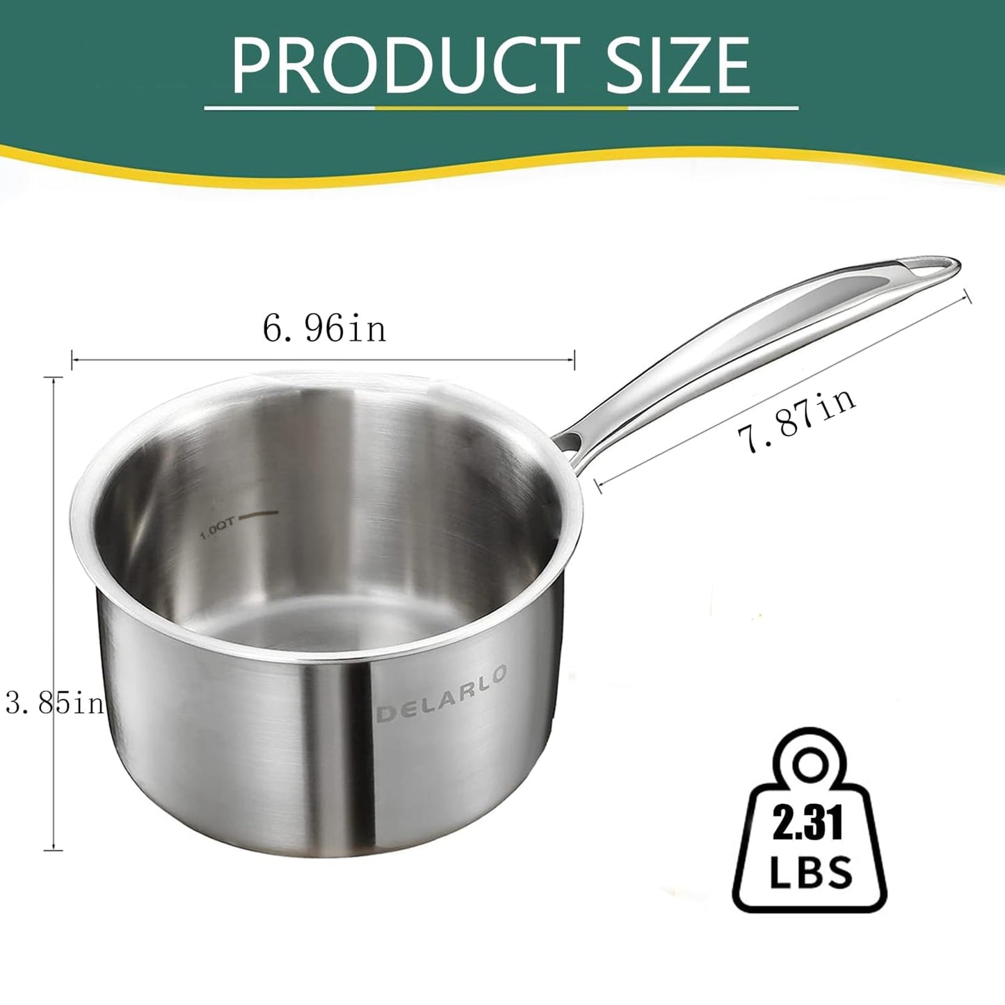 DELARLO Full-Body Clad Tri-Ply Stainless Steel Small Brushed Saucepan with Lid, Induction Cooking Sauce Pot Pan, Heavy Duty Saucier Cookware, PFOA&PTFE Free(2 Quart)