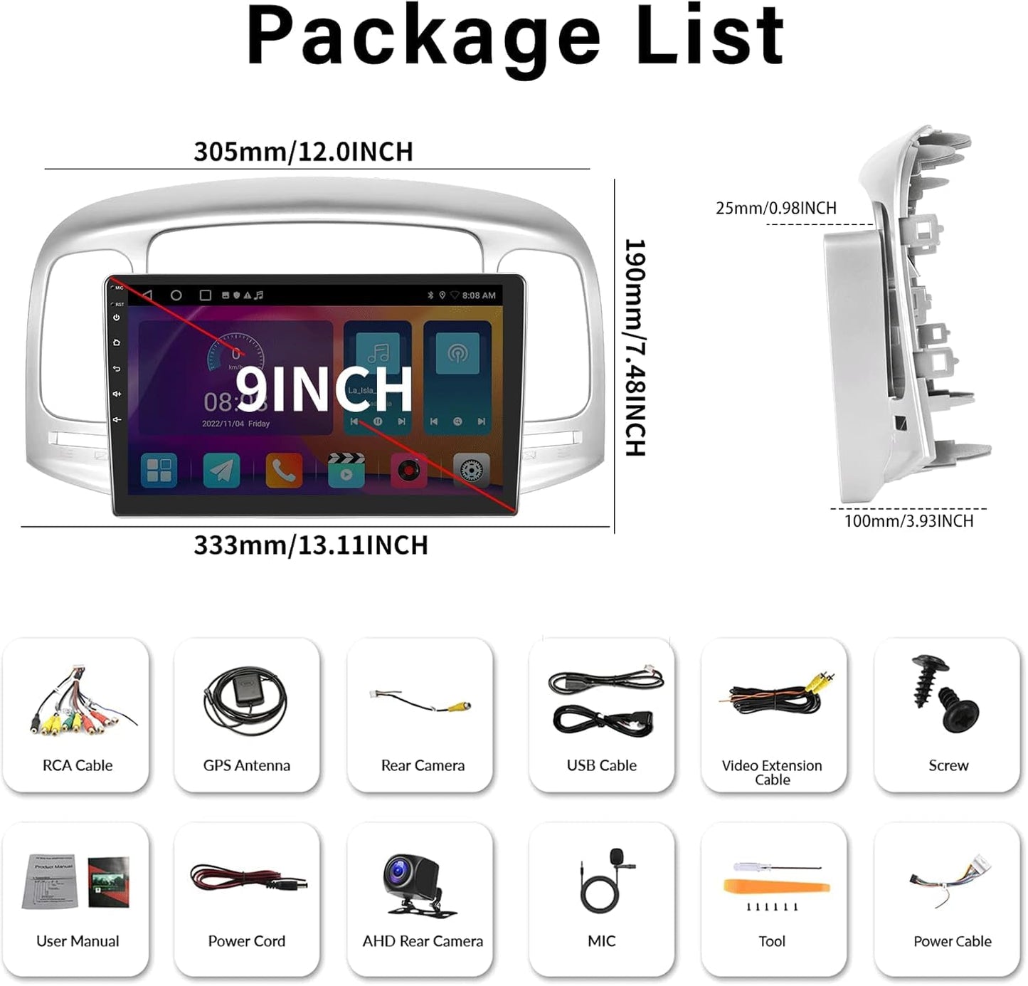 2+32G Android 13 Car Stereo for Hyundai Accent 2006-2011 with Carplay Android Auto Mirror Link 9 inch Head Unit Touch Screen Radio FM RDS HiFi Bluetooth WiFi GPS + AHD Backup Camera & MIC