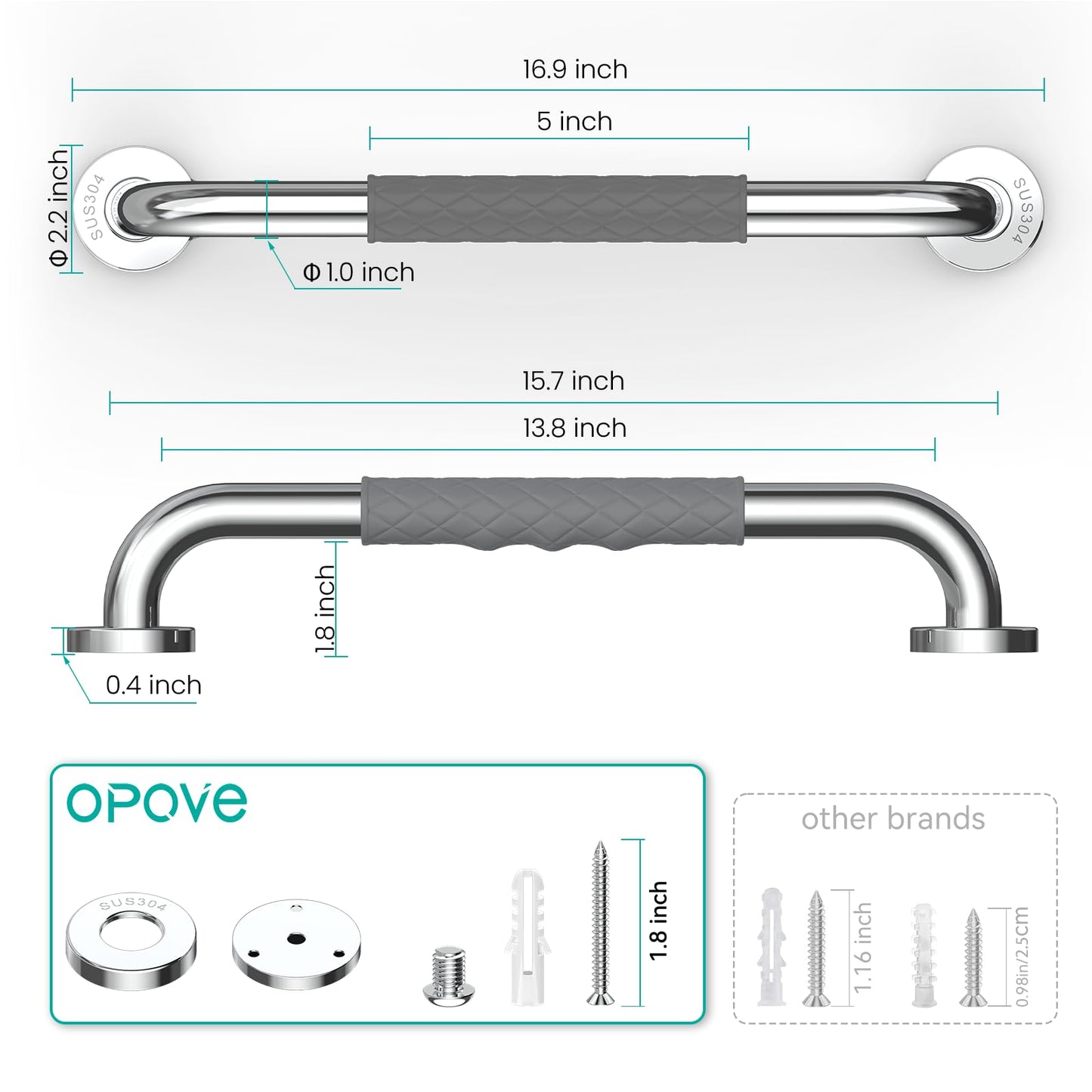 Opove 16" Grab Bars for Shower and Bathroom, Anti-Slip Shower Handles for Elderly, Seniors, Handicap & Pregnant Women, Gray (2 Pack)