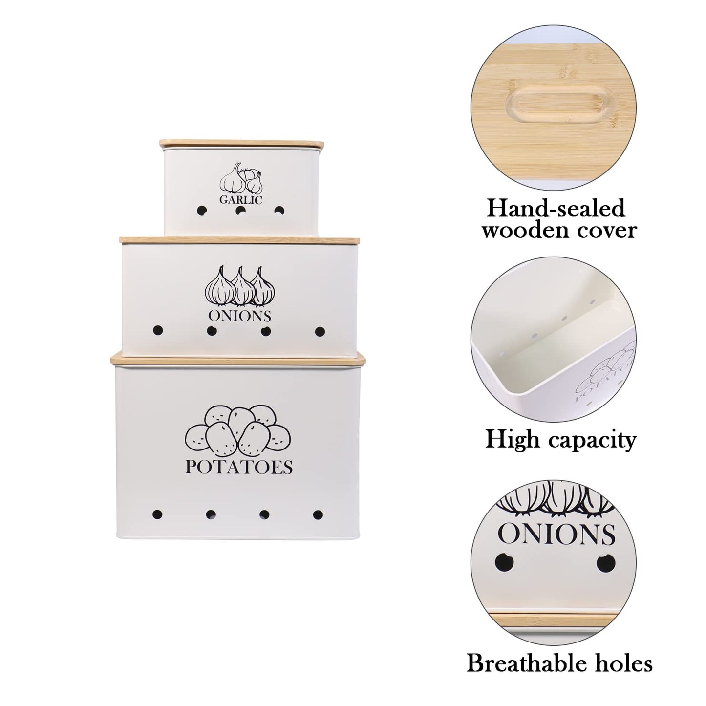 Kitchen Vegetable Storage Tins Set of 3 for Potato Onion & Garlic with Wooden Lid, Kitchen Storage Canisters Set, Long Shelf Life - White