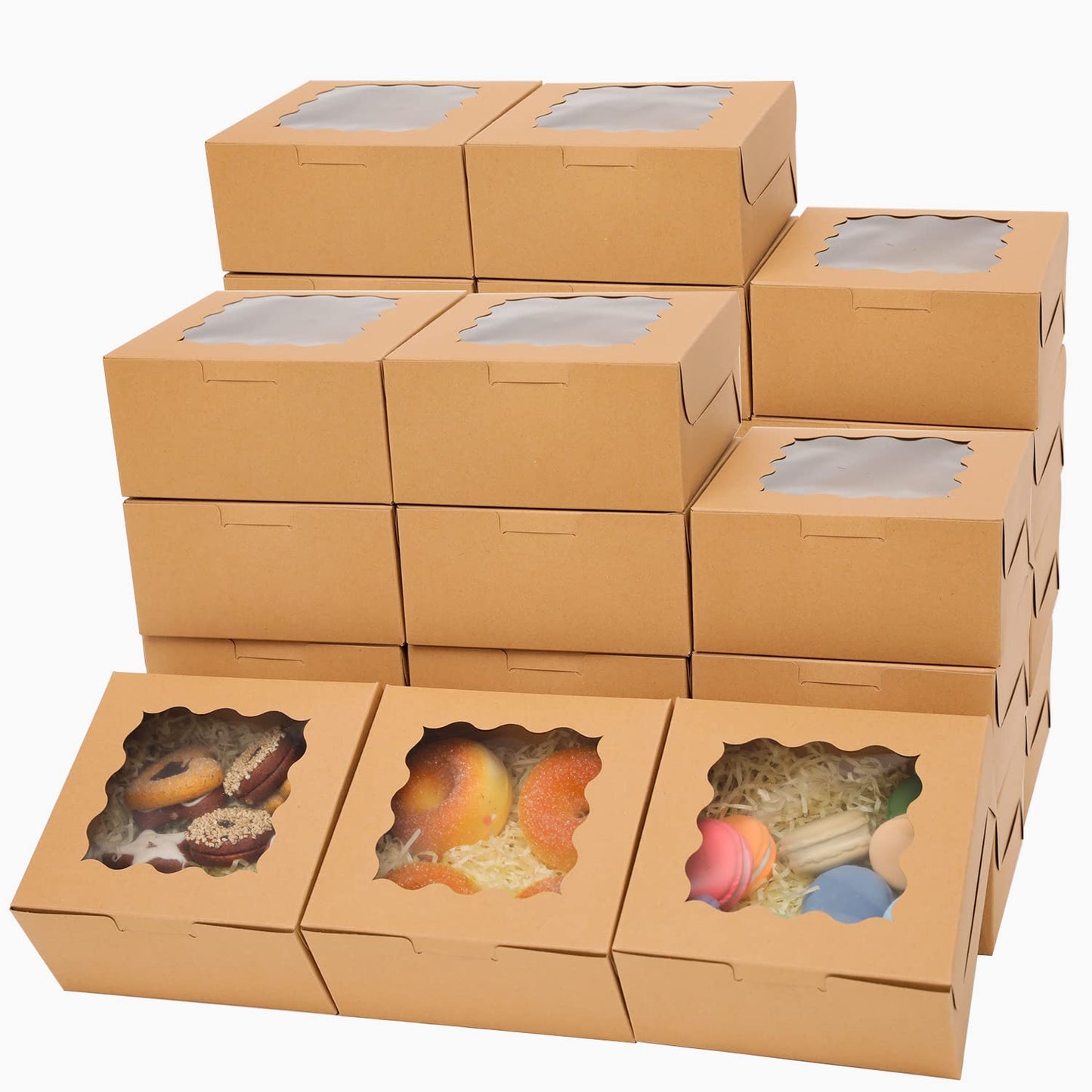 100Packs Bakery Boxes with Window 6x6x3 inches Kraft Cookie Boxes Macaroon Boxes Thick & Sturdy Treat Boxes for Macarons
