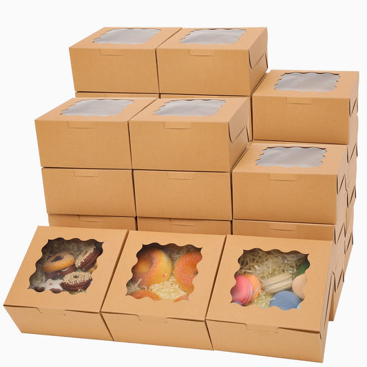 100Packs Bakery Boxes with Window 6x6x3 inches Kraft Cookie Boxes Macaroon Boxes Thick & Sturdy Treat Boxes for Macarons