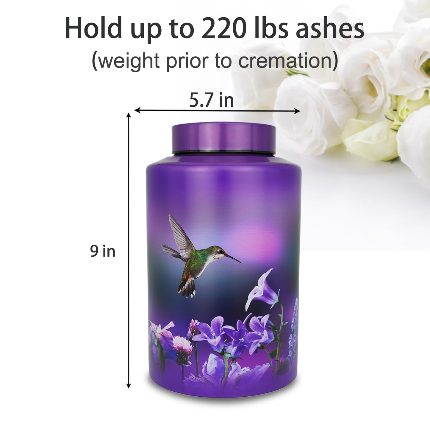 Large Cremation Urns for Adult Male Female Ashes, Up to 220 lbs Decorative Funeral Purple Keepsake Memorial Urn for Human Women Man Dad Mom Ashes with Velvet Bag(Hummingbird)