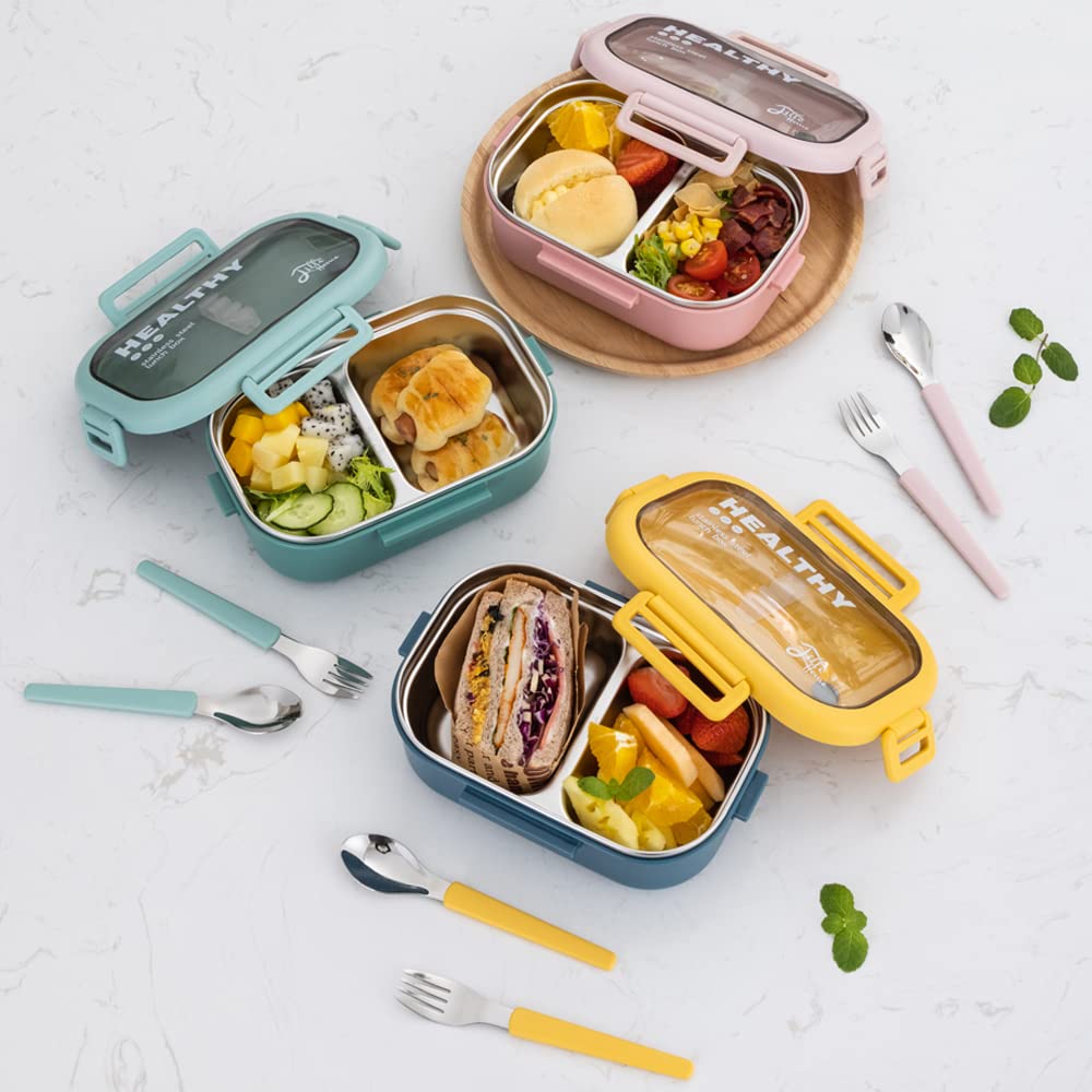 Lille Home 28oz Stainless Steel Leakproof 2-Compartment Bento Lunch Box/Portion Control Food Container with Lunch Bag and Cutlery Set, BPA Free (Pink)