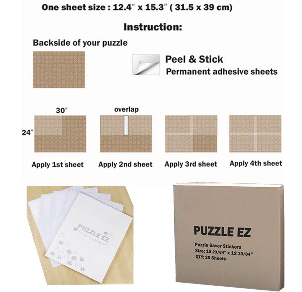 PUZZLE EZ Puzzle Glue Sheets Clear Peel and Stick Jigsaw Puzzle Saver - Preserve and Frame 5 x 1000 Piece Puzzle in Minutes (20 Sheets)