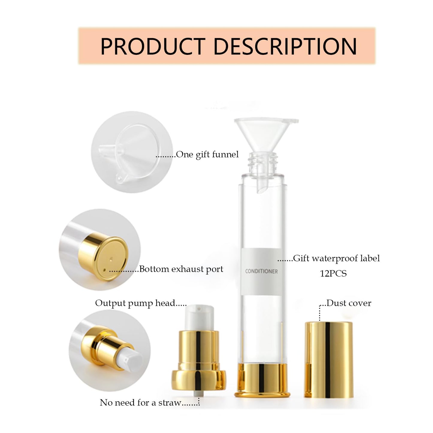 Golden Airless Pump Bottle Travel Set with Box - Refillable Empty Cosmetic Bottles for Liquids Such as Hand Soap, Toner, Foundation, Hair Oil, Lotion and Cream, Golden, 30 ML, Casual