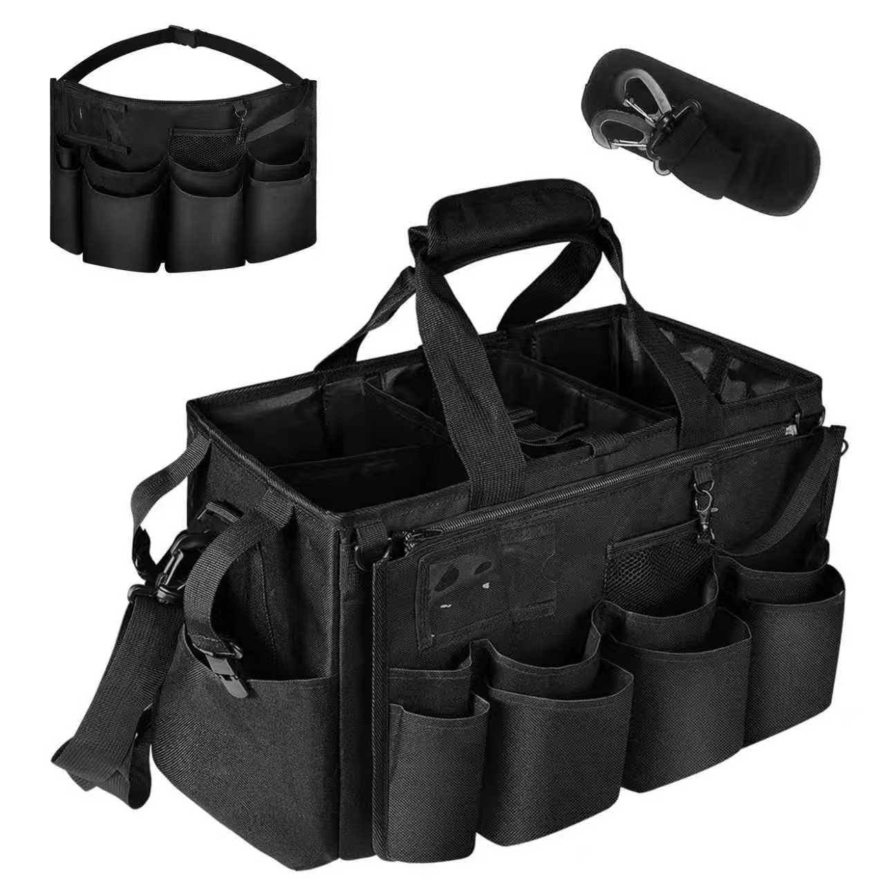 Cleaning Bags for Housekeepers, Large Cleaning Supplies Organizer with Handles & Shoulder Strap, Cleaning Caddy Bag with Foldable Divider for Cleaners, Car Horse Clean Bag (Black)