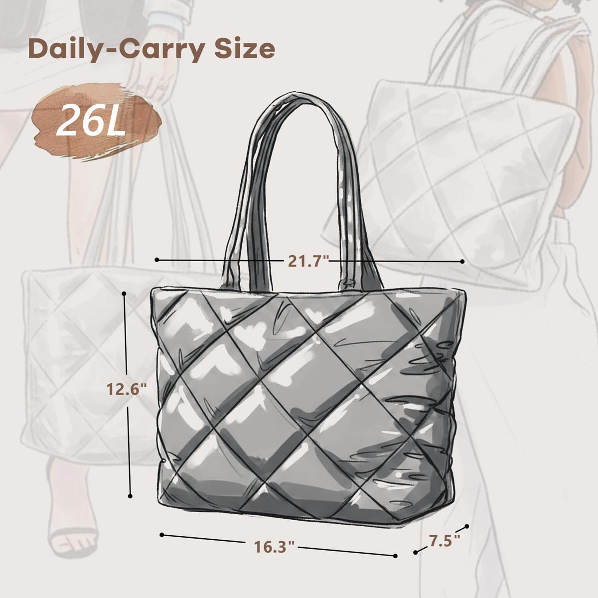 ASL Puffer Tote Bag for Women, Lightweight Quilted Handbags with Bottle Pockets for 15.6 Inch Laptop, Work Travel Nurse Gifts, Shiny Silver