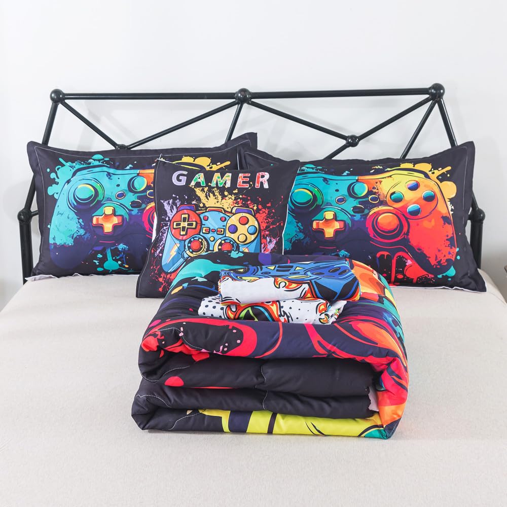 ADASMILE A & S 6Pieces Gamer Bedding for Boys Twin Size Gmer Comforter Set Kids Video Game Bed in A Bag with Gamepad Sheets All Season Gaming Controller Bed Set with Pillowcases
