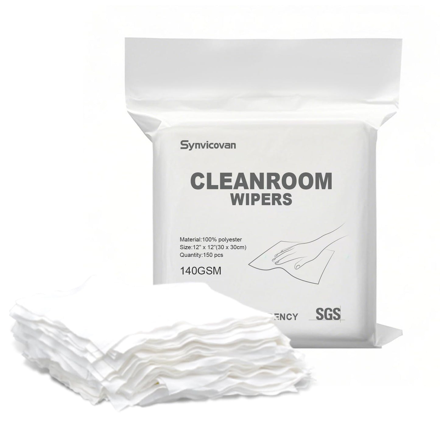 Synvicovan Lint Free Cleanroom Wipers 12"x12"(150 Pcs, 140GSM) Double Knit 100% Polyester Reusable and Washable Cleaning Cloths with Ultra-fine Filaments, Laser Sealed Edge Ultra-Soft Wipers