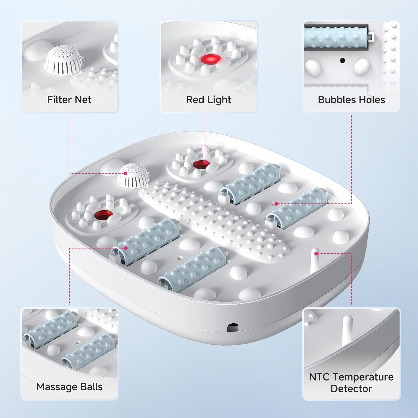 Collapsible Foot Spa Massage with Water and Electricity Separation System,Foot Bath with Three Level Temperature Control,Bubble,Remote,Red Light,Timer,and Four Set Non-Electric Massage Rolls