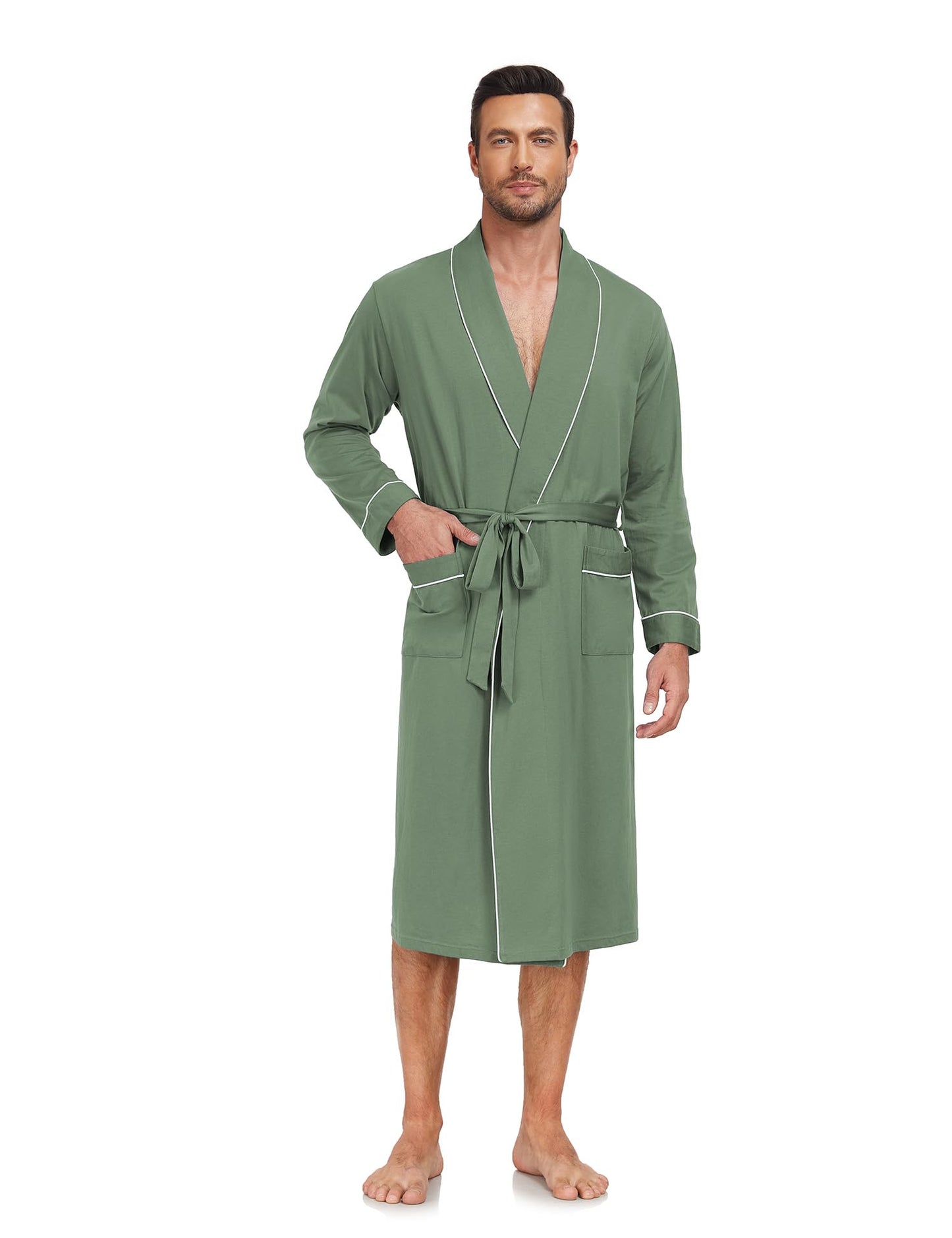 COLORFULLEAF Mens 100% Cotton Robes Lightweight Summer Long Bathrobe Sleepwear Soft Knit Spa Robe with Pockets, Army Green, Medium