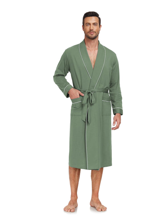 COLORFULLEAF Mens 100% Cotton Robes Lightweight Summer Long Bathrobe Sleepwear Soft Knit Spa Robe with Pockets, Army Green, Medium