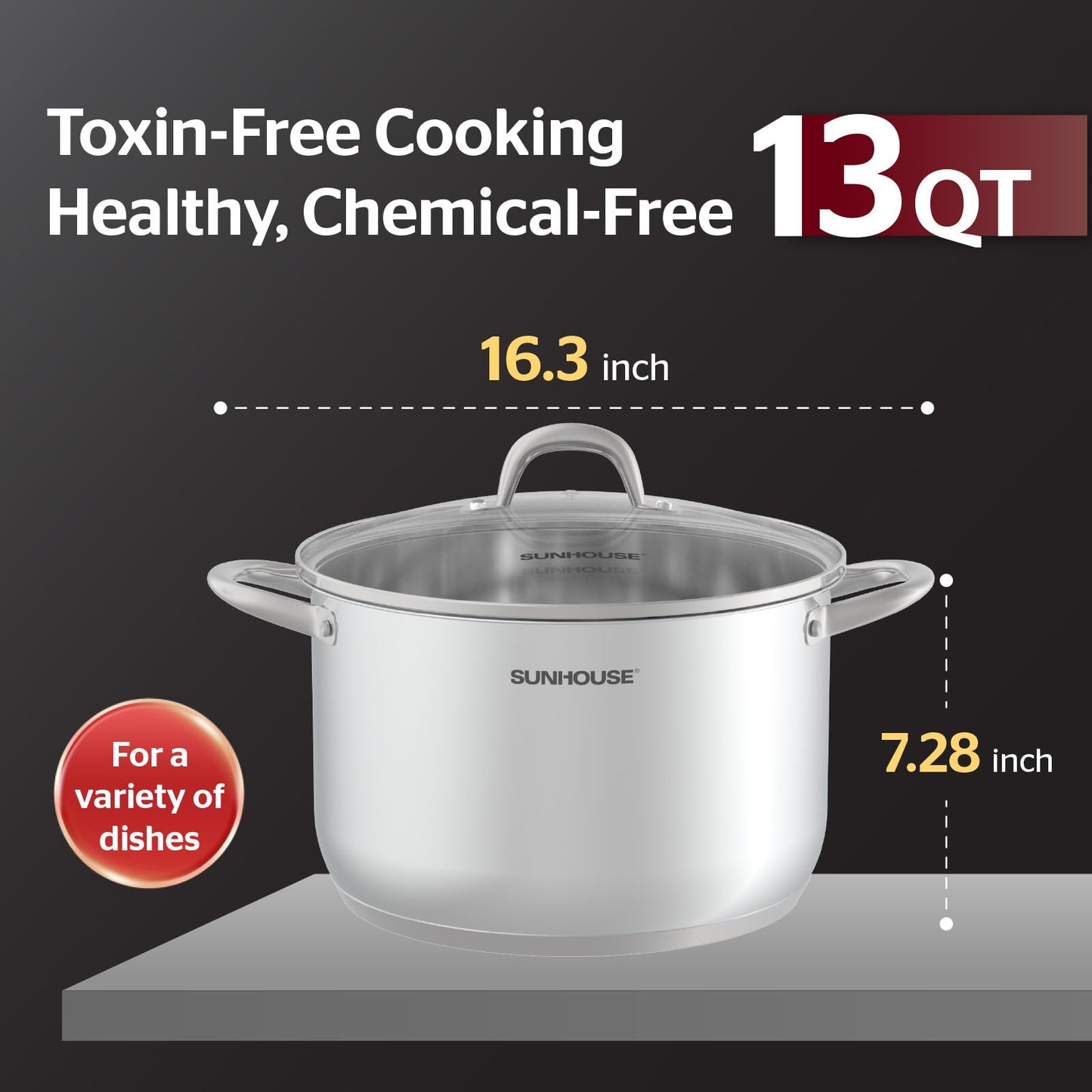SUNHOUSE Stainless Steel Stock Pot - 13 Quart Heavy-Duty Induction Cooking Pot with Visible Lid for Pasta, Soup, Spaghetti - Nonstick Thick-Bottom Deep Stockpot for Canning, Boiling, and Simmering