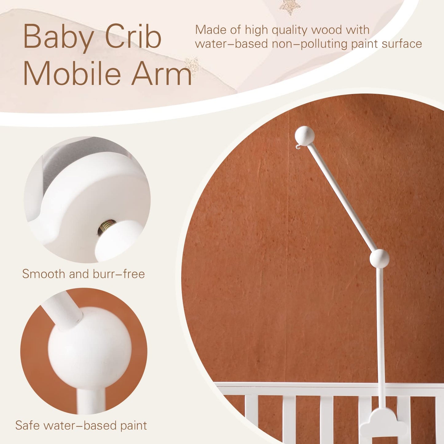 Crib Mobile Arm Wooden Mobile for Crib Arm 27 Inch Baby Crib Mobile Arm for Hanging Baby Toys 100% Natural Beech Wood Mobile Crib Arm with Strong Anti Slip Attachment Crib Mobile Arm for Nursery Décor (Cloud)