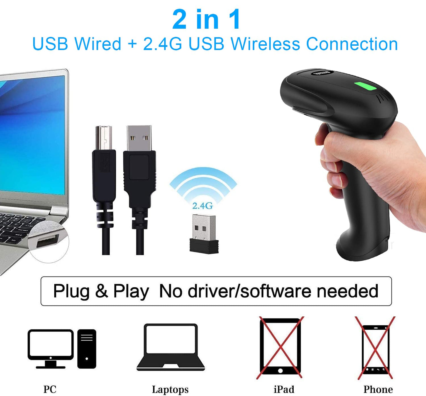 USB Wireless Barcode Scanner with Stand,Symcode Barcode Scanner Wireless Versatile 2-in-1 (2.4Ghz Wireless+USB 2.0 Wired) Rechargeable Cordless 1D Barcode Reader Handheld Bar Code Scanner Wireless