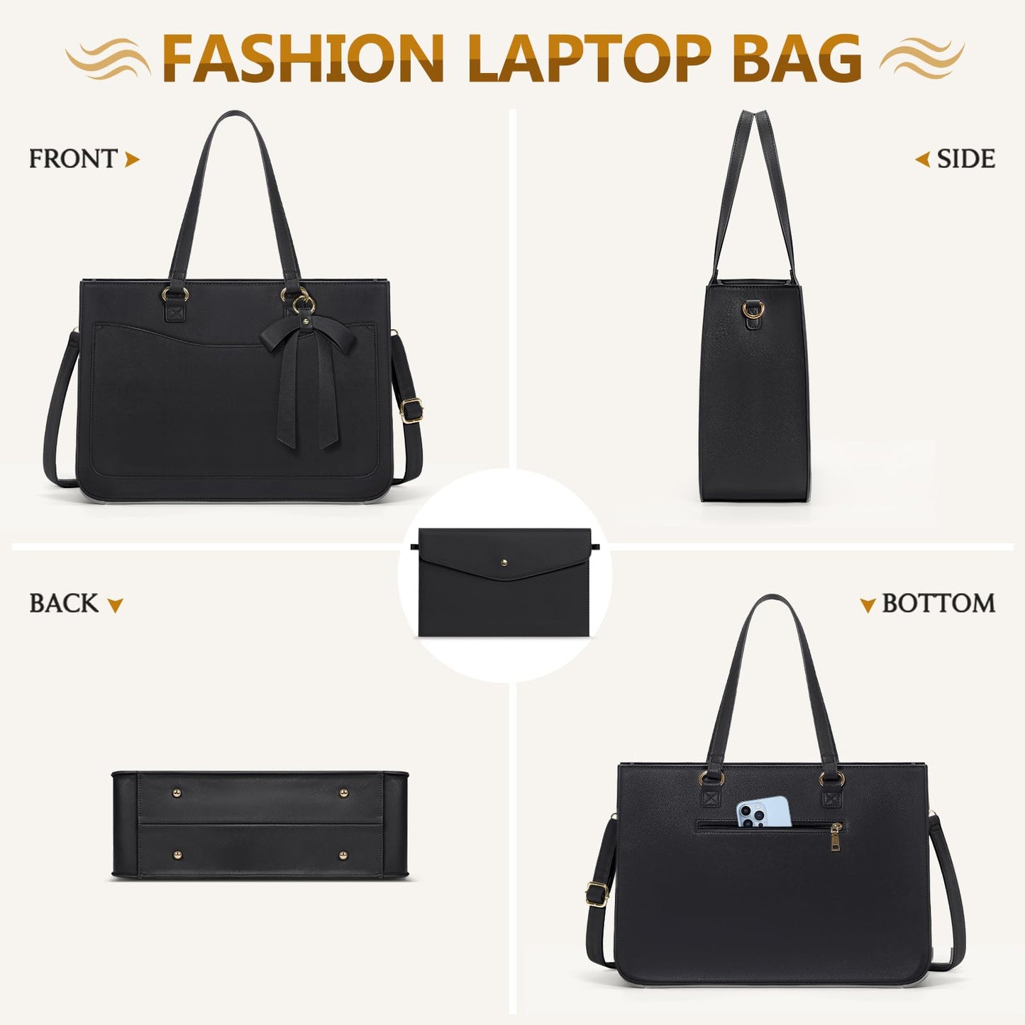 RAINSMORE Laptop Bags for Women 15.6 Inch Work Tote Bags Leather Laptop Tote Waterproof Computer Bags Professional Office Business Briefcase Large Handbag for Travel College Teacher, Black