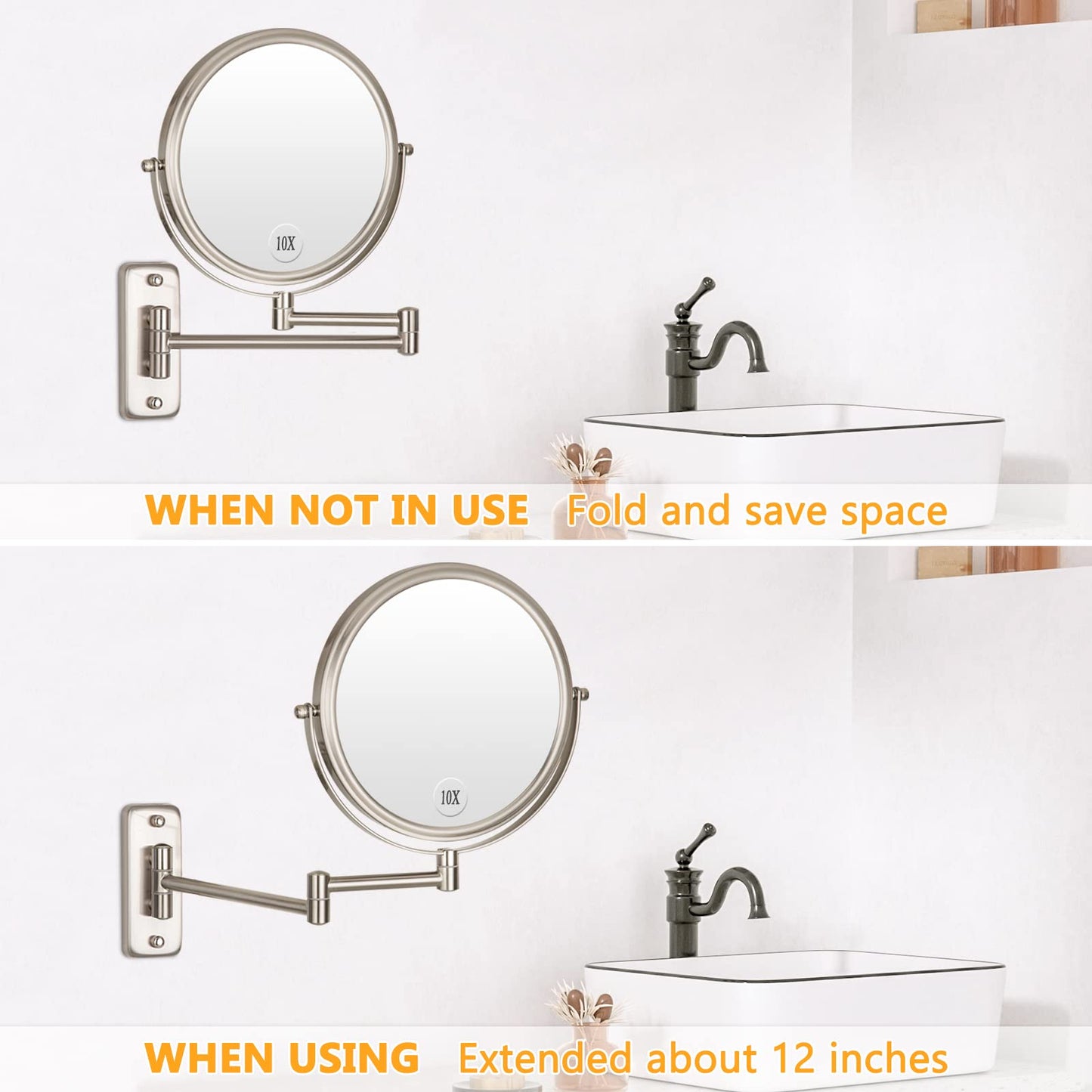 Wall Mounted Makeup Mirror - 1X/10X Magnifying Mirror Double Sided, 8 Inch Extendable Bathroom Mirror, Nickel Finish ALHAKIN