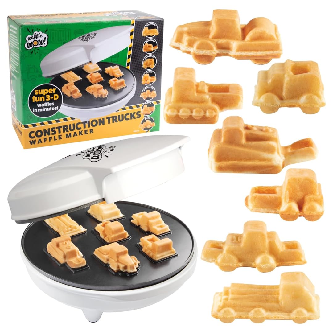 Construction Trucks Mini Waffle Maker - Make 7 Fun, Different Vehicle Shaped Pancakes Featuring a Bulldozer, Forklift & More - Electric Non-Stick Pan Cake Car Waffler Iron