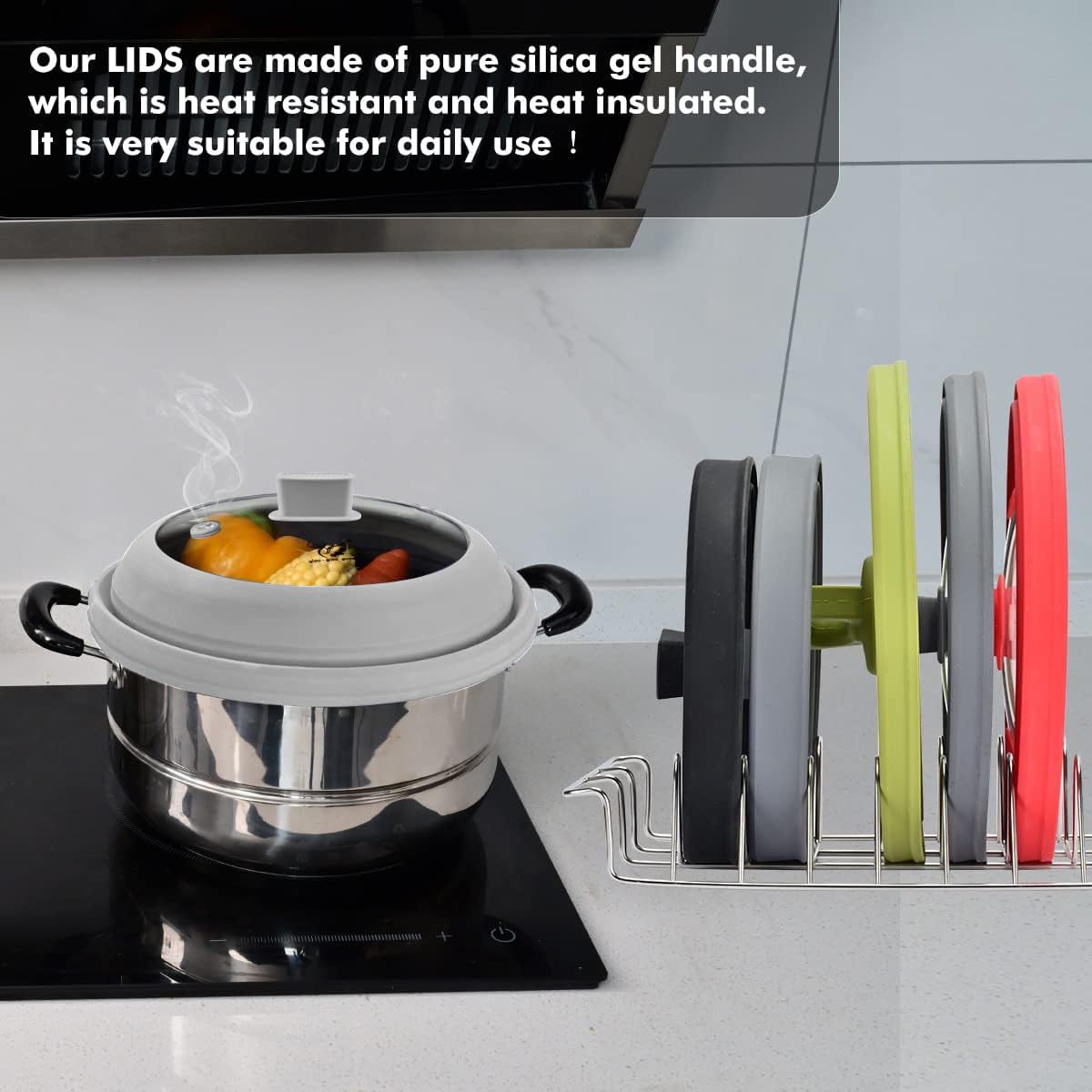 Microwave Splatter Cover Glass Cover Guard Lid 6 inch Height with Collapsible Silicone for Food Pot Plate 12.5 inch Grey