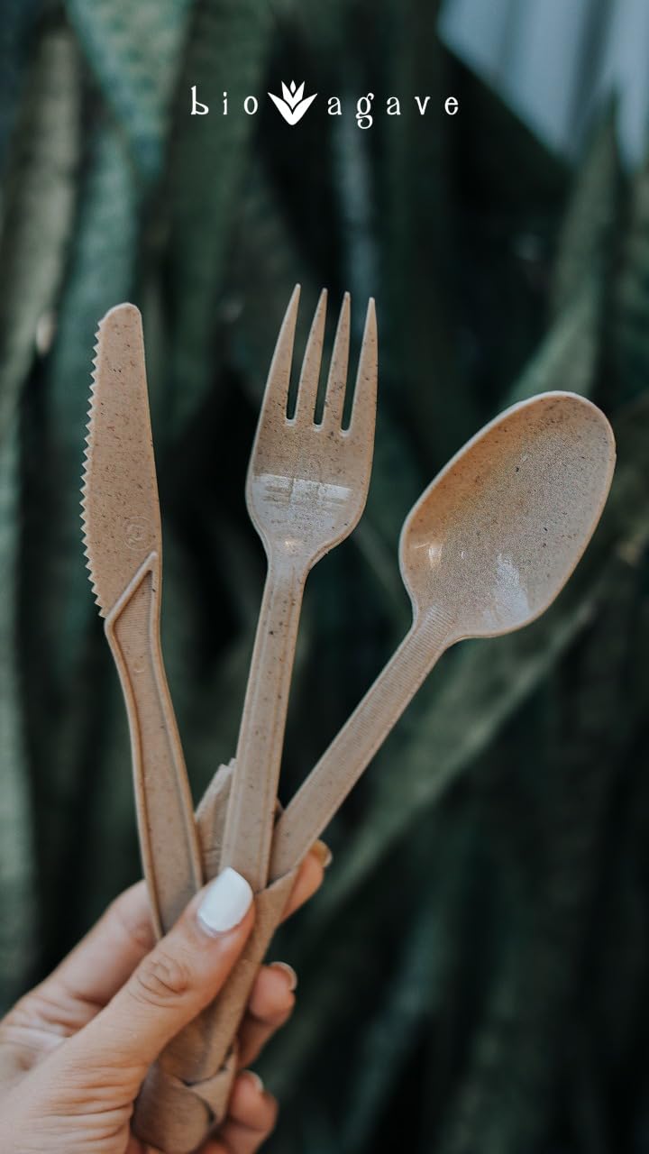 BIO AGAVE - 180-pack biodegradable cutlery sets with napkin wrapped in a paper bag Single-Use Cutlery for Heavy Weight Use