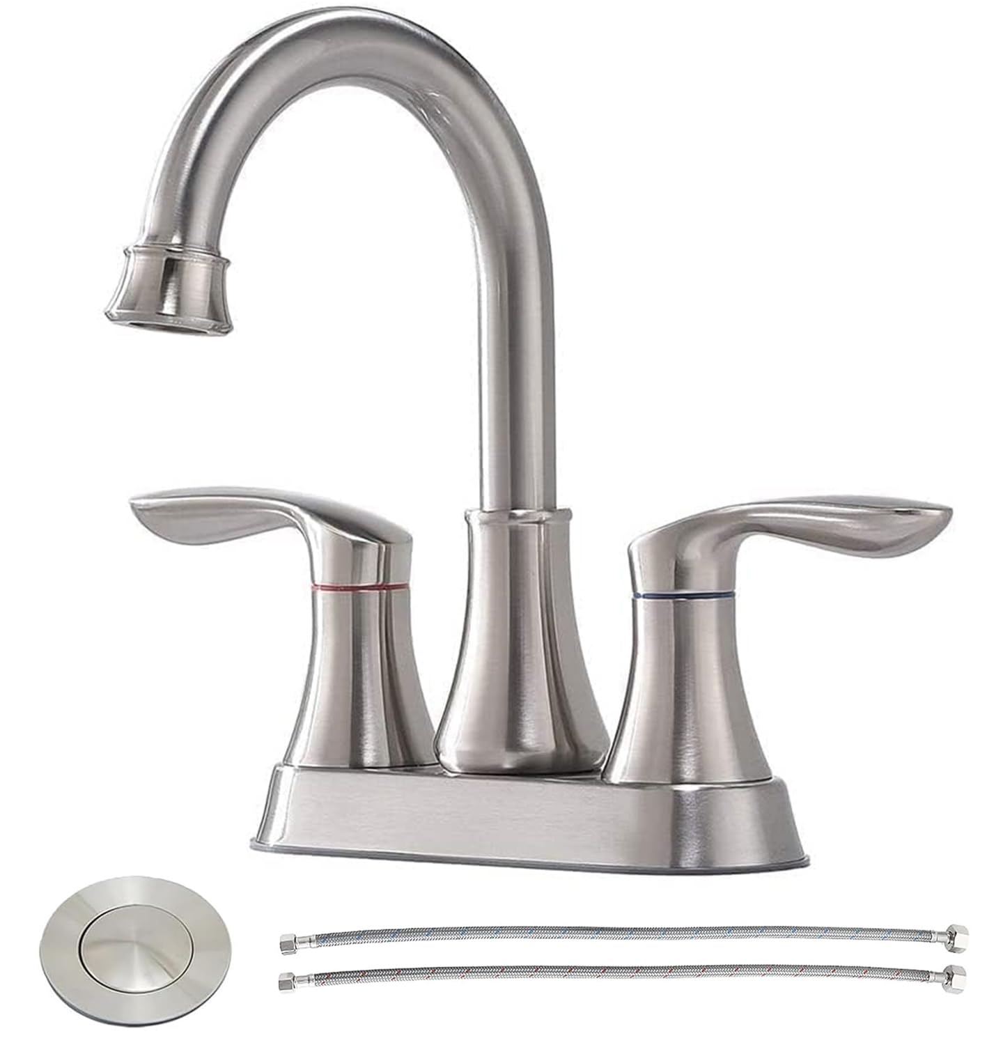 Centerset Modern Commercial 2-Handle Brushed Nickel Bathroom Faucet, 4 inch RV Bathroom Sink Faucet 3 Hole Bath Vanity Faucets with Drain Stopper and Water Hoses