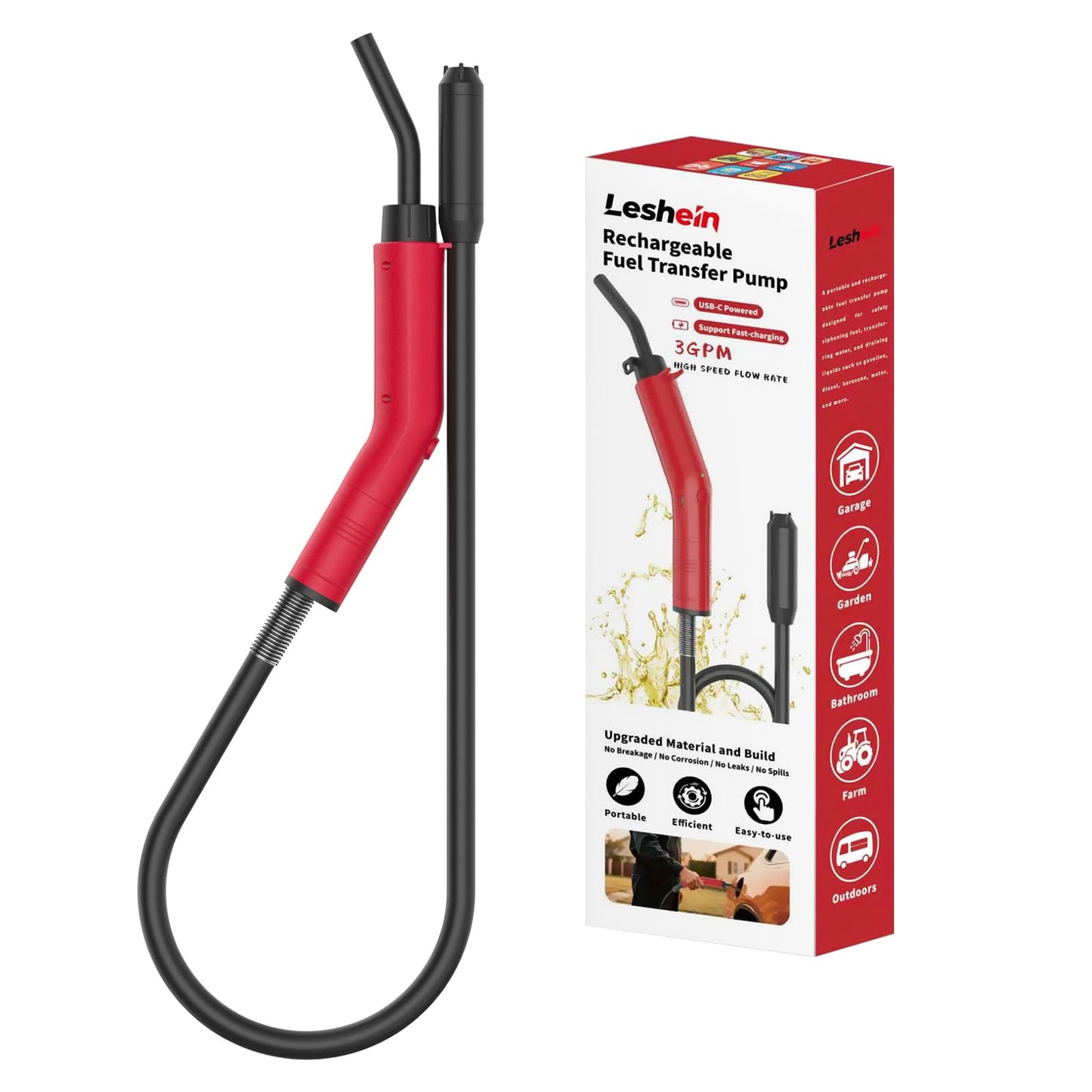 Leshein Fuel Transfer Pump 3GPM, USB Rechargeable Electric Siphon Pump for Gasoline Diesel Water, Portable Leakproof Gas Can Pump with Upgraded Hose Material & Build, Ultra-Fast Oil Transfer Pump