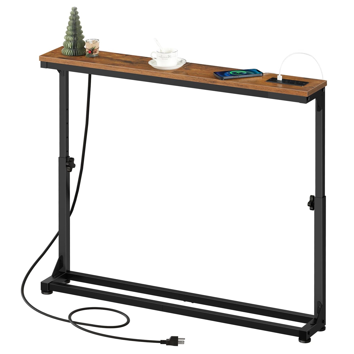 HOOBRO Narrow Console Table with Adjustable Height (25''-32.9''), Skinny Sofa Table with Charging Station, Behind Couch Table, 39.4" W x 5.9" D, for Living Room, Entryway, Rustic Brown BF95UXG01
