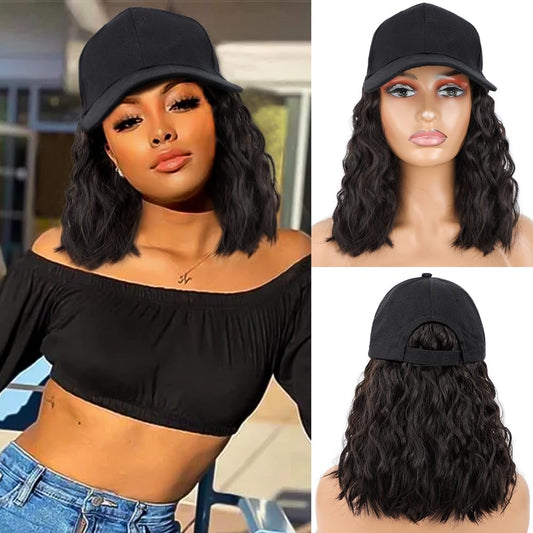 CHRSHN Hat Wig for Women, Short Wavy Baseball Cap Wig with Curly Synthetic Hair Extensions, Adjustable Black Brown Baseball Hat Wig