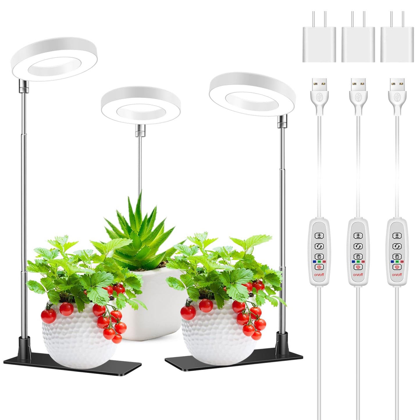 Kullsinss Grow Lights for Indoor Plants, 48 LED Full Spectrum Halo Plant Light, Height Adjustable Growing Lamp with Detachable Base, 3H 9H 12H Timer, 10 Brightness, Ideal for Small Plants, 3 Pack