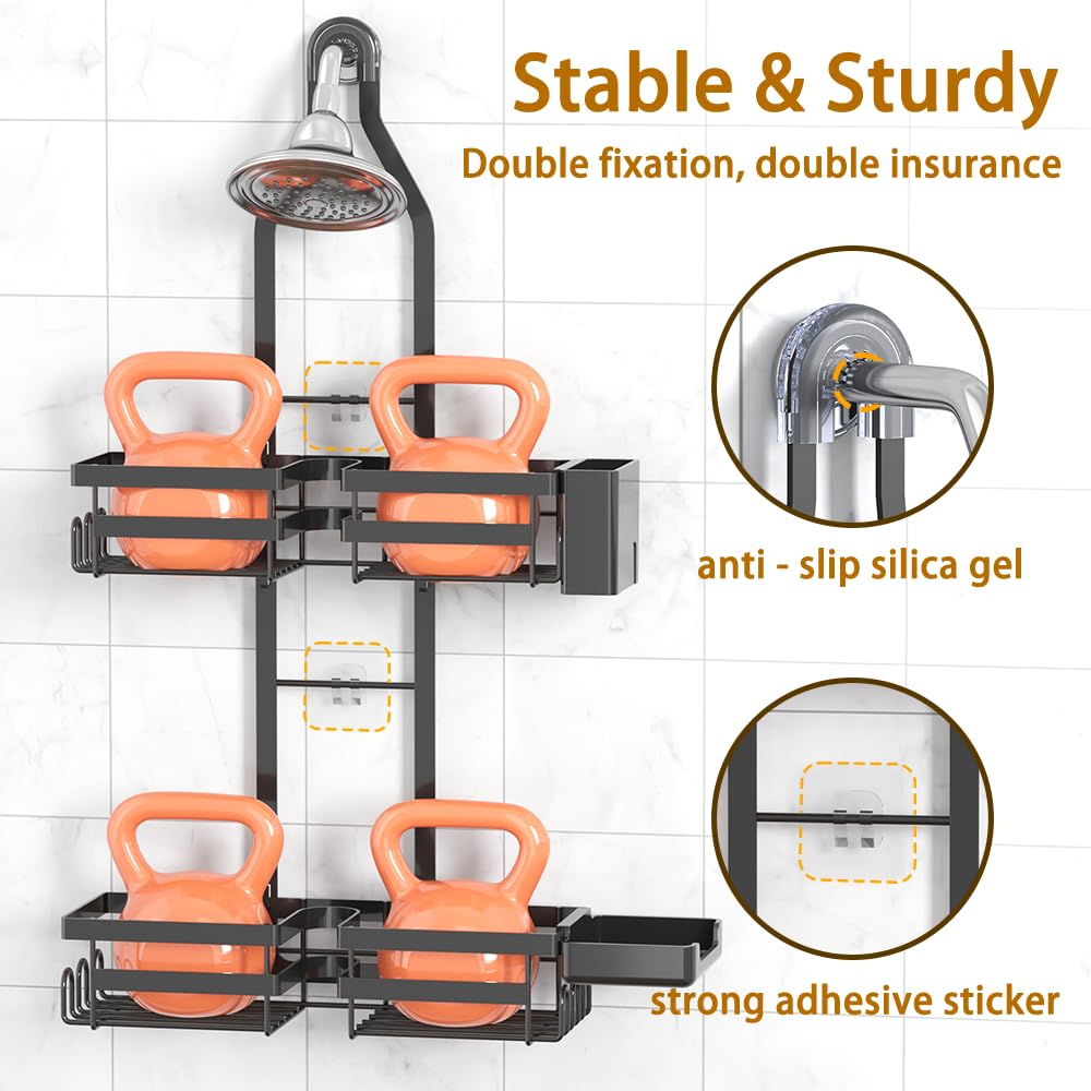 Gabeeriso Shower Caddy Hanging, Bathroom Organizer Black Rustproof 2-Tier Adjustable Height Over Shower Head with Soap/Toothbrush Holder &12 Hooks, No Drilling Shower Storage
