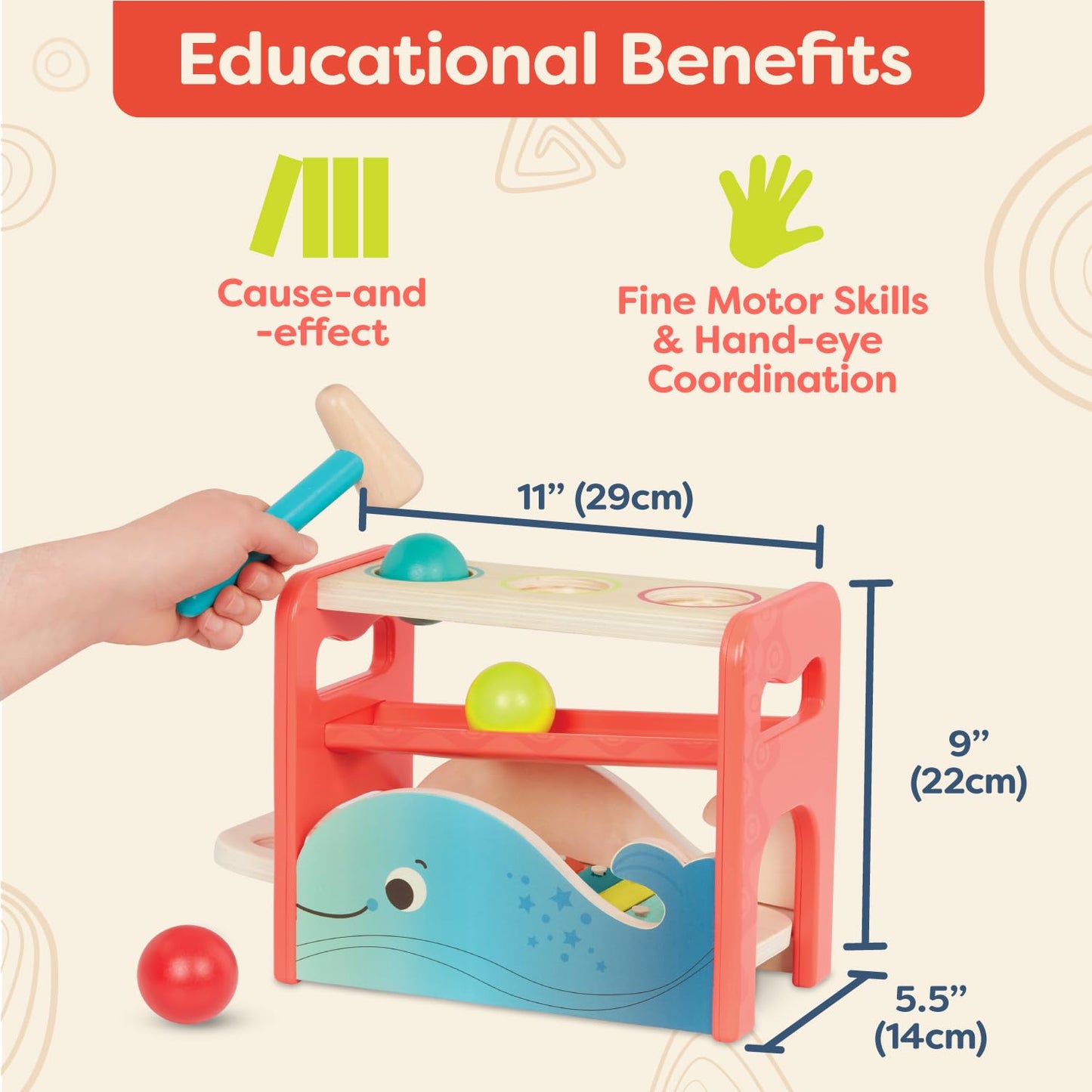 B. Toys – Xylo – Pound Whale – Musical Instrument – Wooden Hammer & Balls – Developmental Toy for Toddlers – 1 Year +