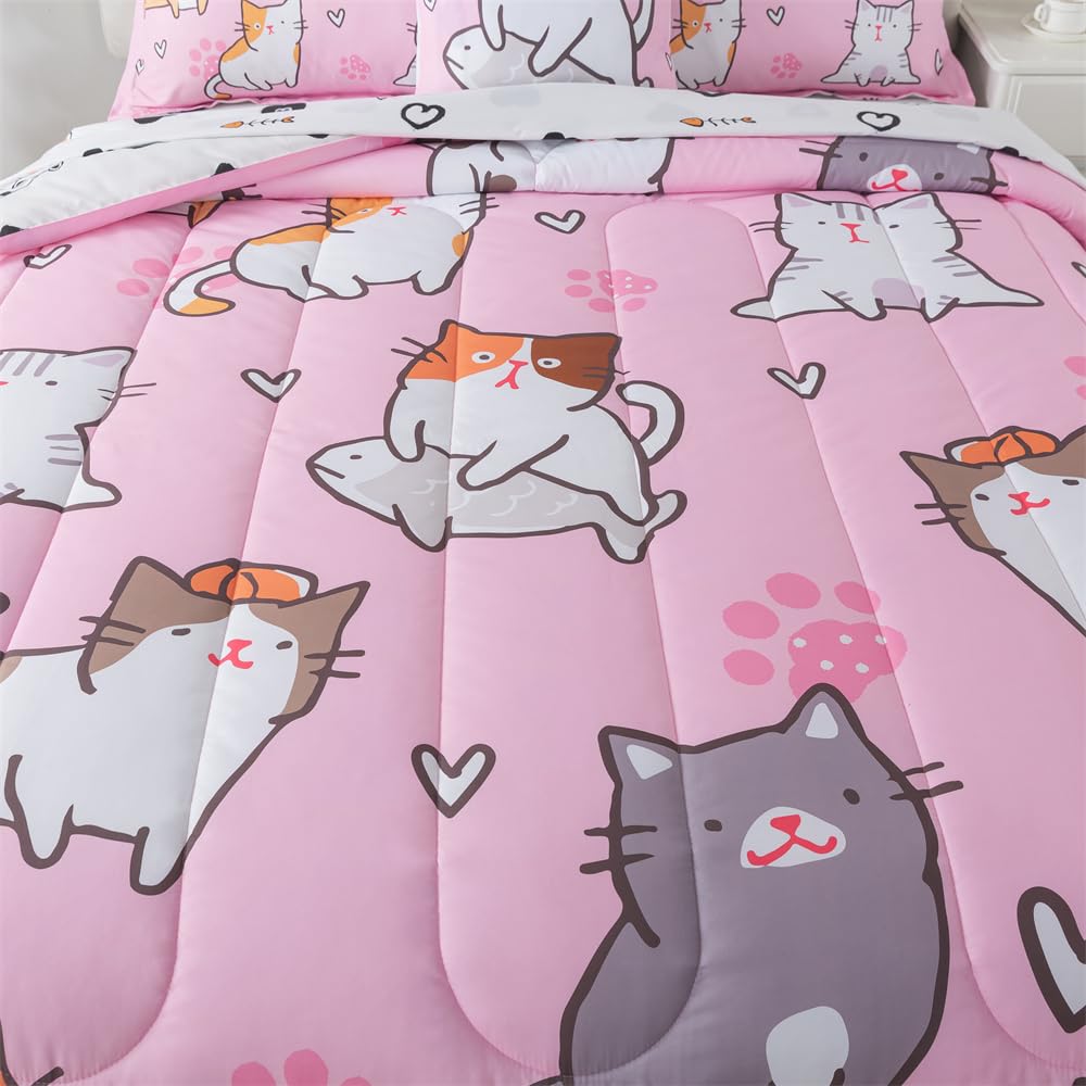 lishjekee 6 Pieces Cute Cat Comforter Twin for Girls Pink Cats Bedding Set Bed in A Bag for Kids Kawaii Pets Kitten Comforter and Sheets Set Cartoon Animal Bed Sets Home Decor