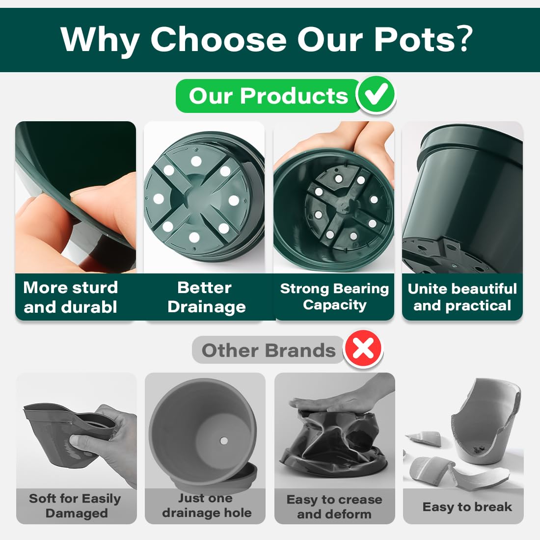 BTPLASTIK 8 Inch Plastic Plant Pots, 15 Pack Sturdy Nursery Pots with Drainage Holes, Flower Planter Pots for Indoor Outdoor, Garden Containers Sets for Vegetable Herbs Flowers, Green