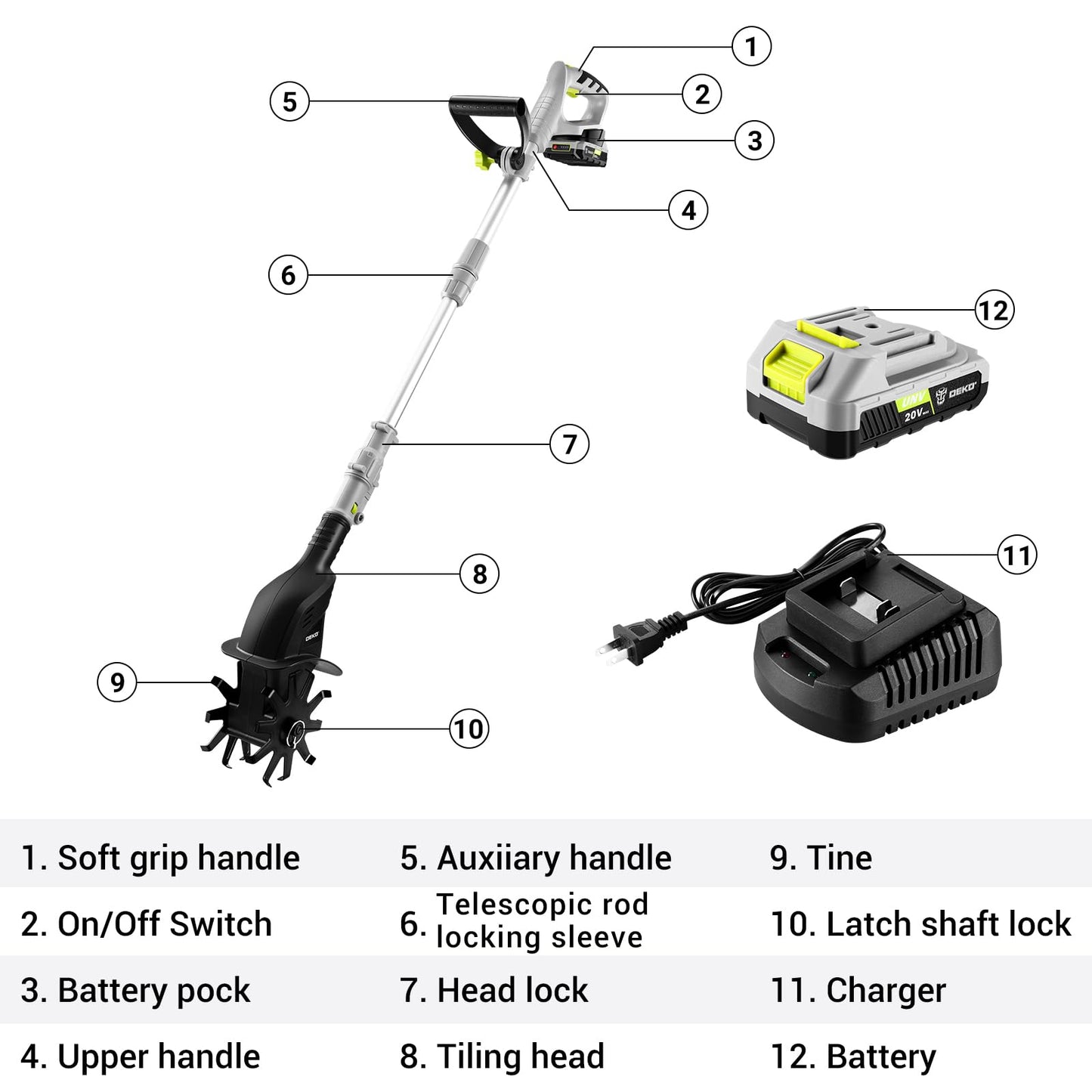 Cordless Electric Garden Tiller: DEKOPRO Power Cultivator for Effortless Soil Cultivation in Flower Beds, Vegetable Gardens, Lawns-Lightweight Lawn Yard Garden Tiller for Women & Seniors