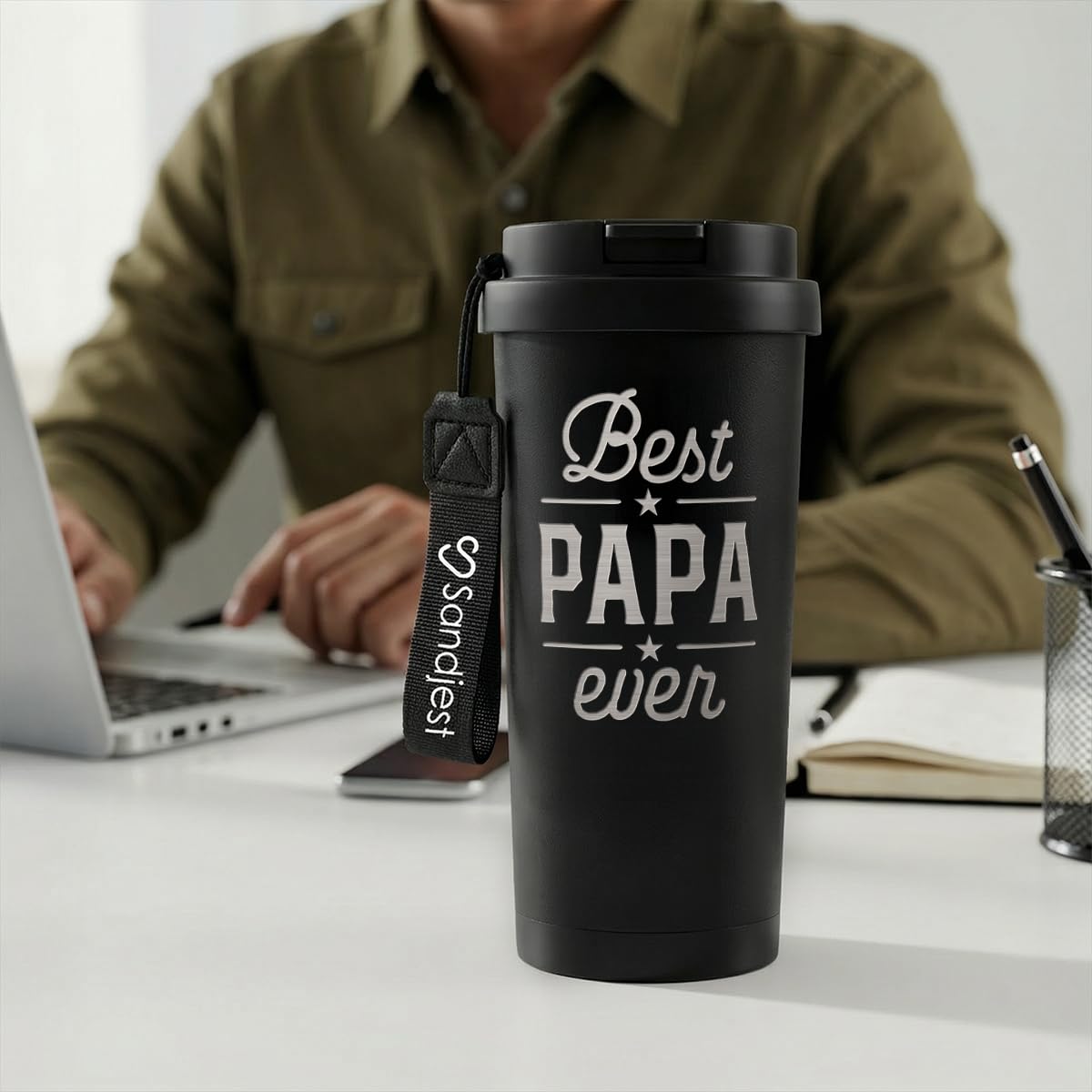 SANDJEST Dad Gift from Son Daughter, Stainless Steel 2-in-1 Lid Coffee Tumbler 18 oz, Best Papa Ever Insulated Travel Mug for Men Fathers Papa Daddy, Gift Idea for Birthday Christmas Fathers Day