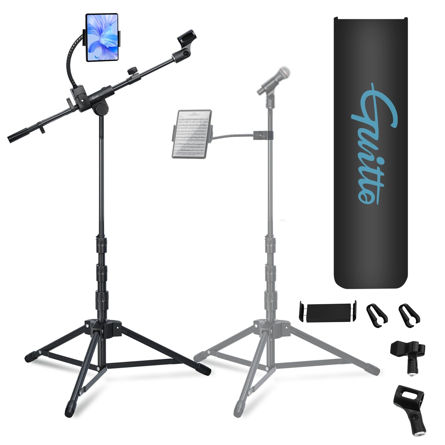 GUITTO Microphone Stand Floor with Phone/Tablet Holder, Adjustable Boom Mic Stand with Heavy-Duty Base, Dual Device Mount for Streaming, Podcasting, Recording, and Live Performances GMS-04