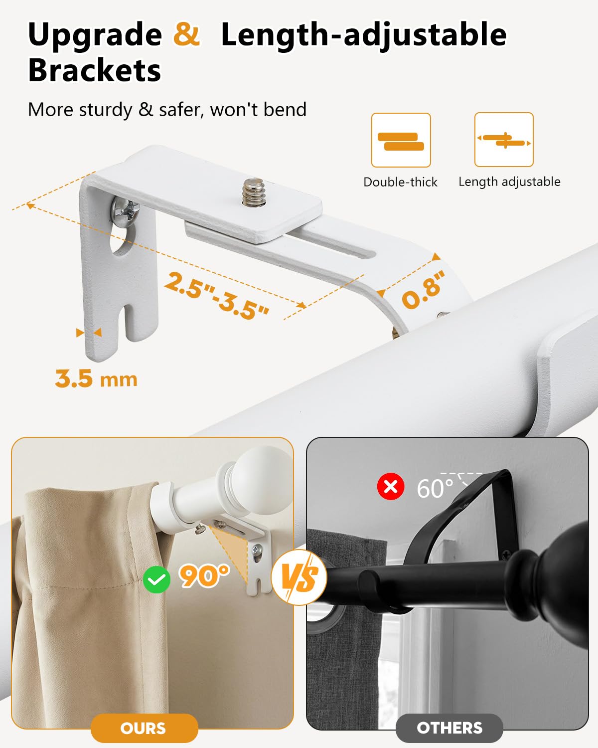 ASULUPHY Heavy Duty 1-Inch Curtain Rod, Adjustable Window Curtain Rods 32 to 116 Inches, Long Curtain Pole with Sturdy Thickened Brackets, Durable Drapery Rod for Bedroom, Living Room & Door-White