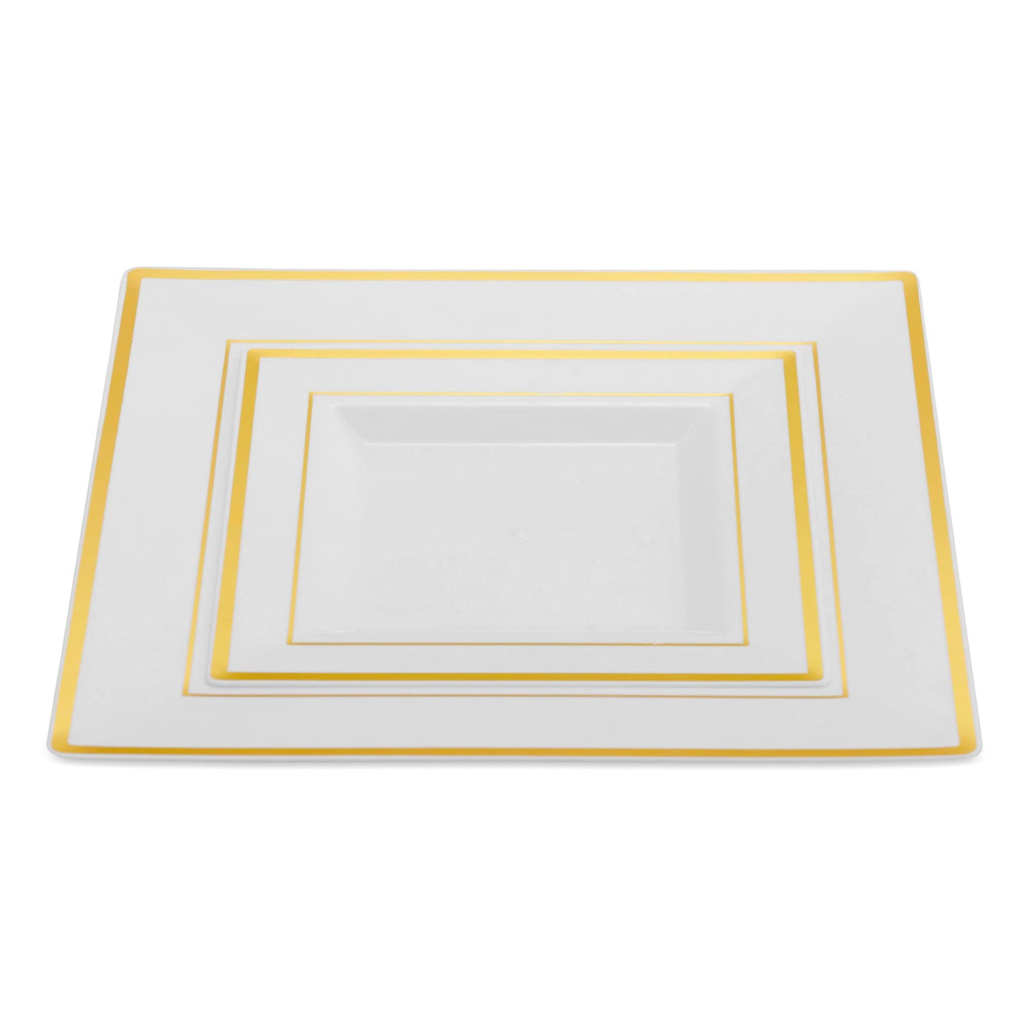BloominGoods Plastic Disposable Square Dinner Plates | 50-Pack 9.5 inches White with Gold Rim Square Plates | Ideal for Weddings, Parties, & Catering | Heavy Duty & Non Toxic