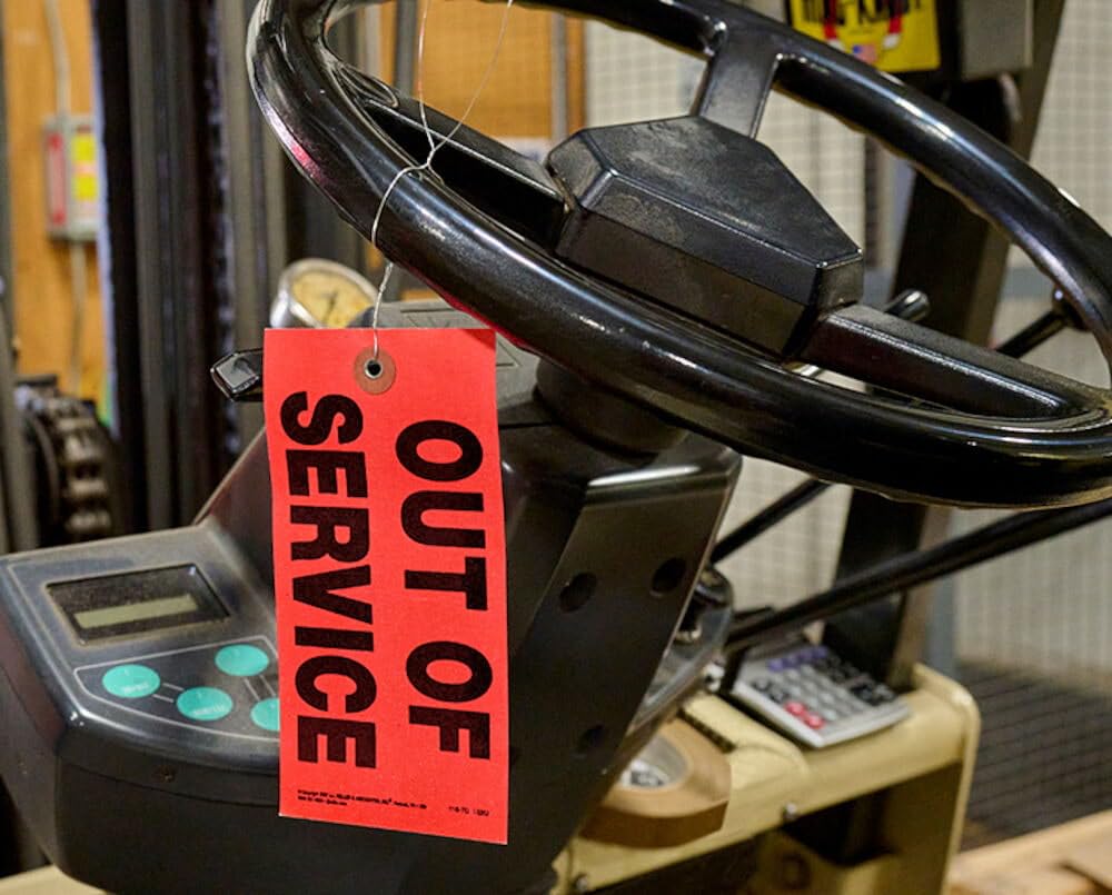 Out of Service Tags 50-pk. - 6.25" x 3.125", Red, Synthetic, 12" Tag Wires Attached - Easily Identify Equipment Availability - J. J. Keller & Associates