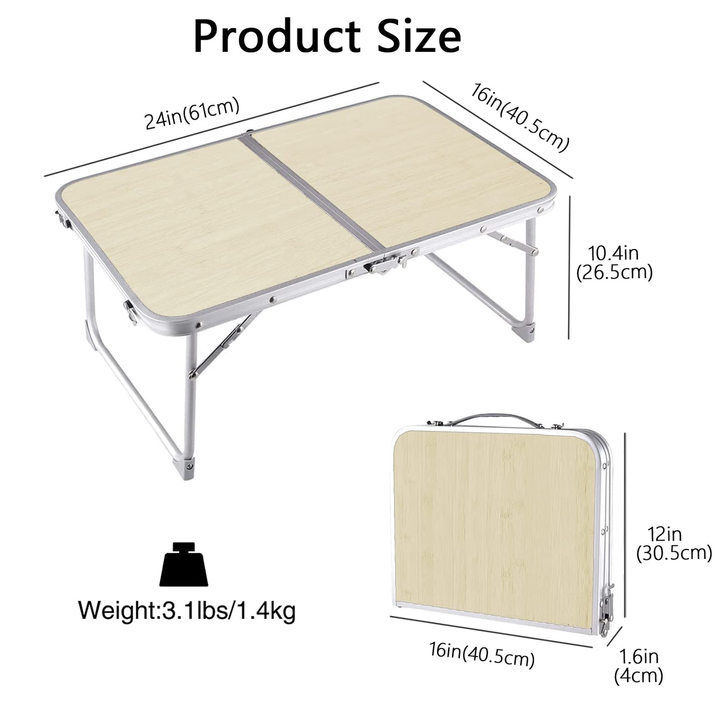Tlingsd Foldable Laptop Table for Bed, Lap Desk, Bed Desk, Breakfast Serving Bed Tray, Portable Aluminum Alloy Mini Picnic Table Folds in Half with Inner Storage Space (Beige, Aluminum Foot)