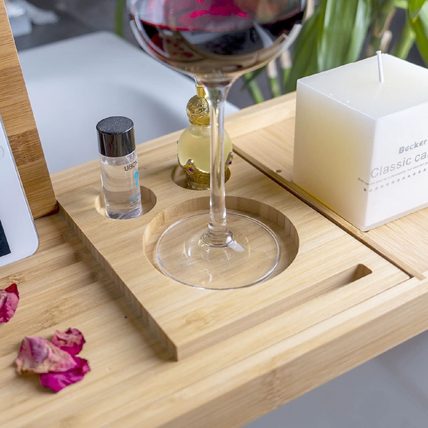 Bamboo Bathtub Caddy Tray, Bath Tub Tray with Towel Holder, Adjustable Bathtub Table with Book Holder, Phone Slot, Cup Placement