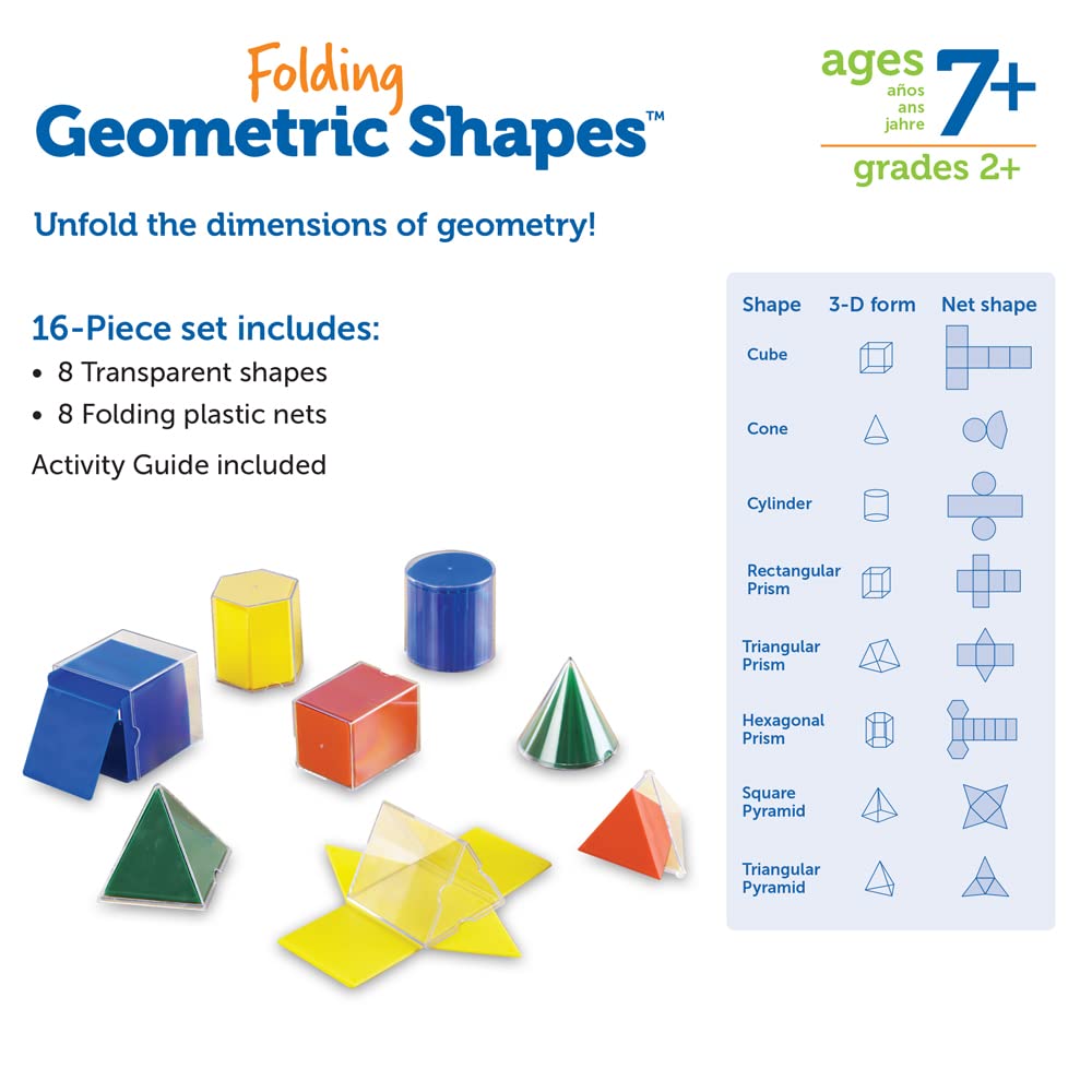 Learning Resources Folding Geometric Shapes, Geometry Accessories, Teacher Aids, Math Helper, 16-Piece Set, Ages 7+, Multi-color