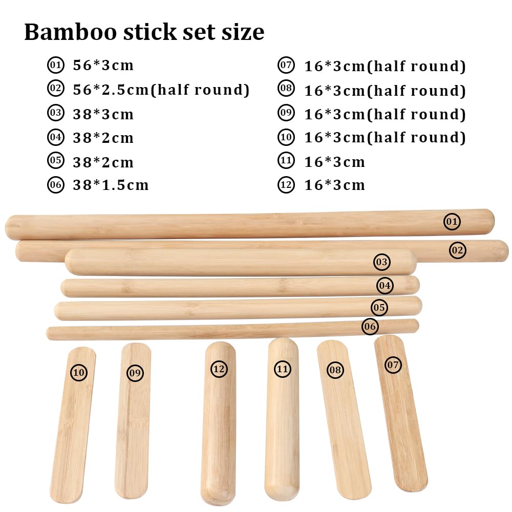 Goodtar 12 PCS Solid Bamboo Massage Stick Sets Warm Bamboo Therapy Massage Tools for Full Body Use at Home/Professional Massage Studio