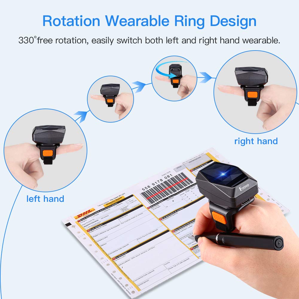 Eyoyo 1D Bluetooth Wearable Ring Barcode Scanner, Portable Mini Finger Bar Code Reader with 2.4G Wireless & USB Wired Connection for iPhone Android iOS, for Book, Warehouse Inventory, Express