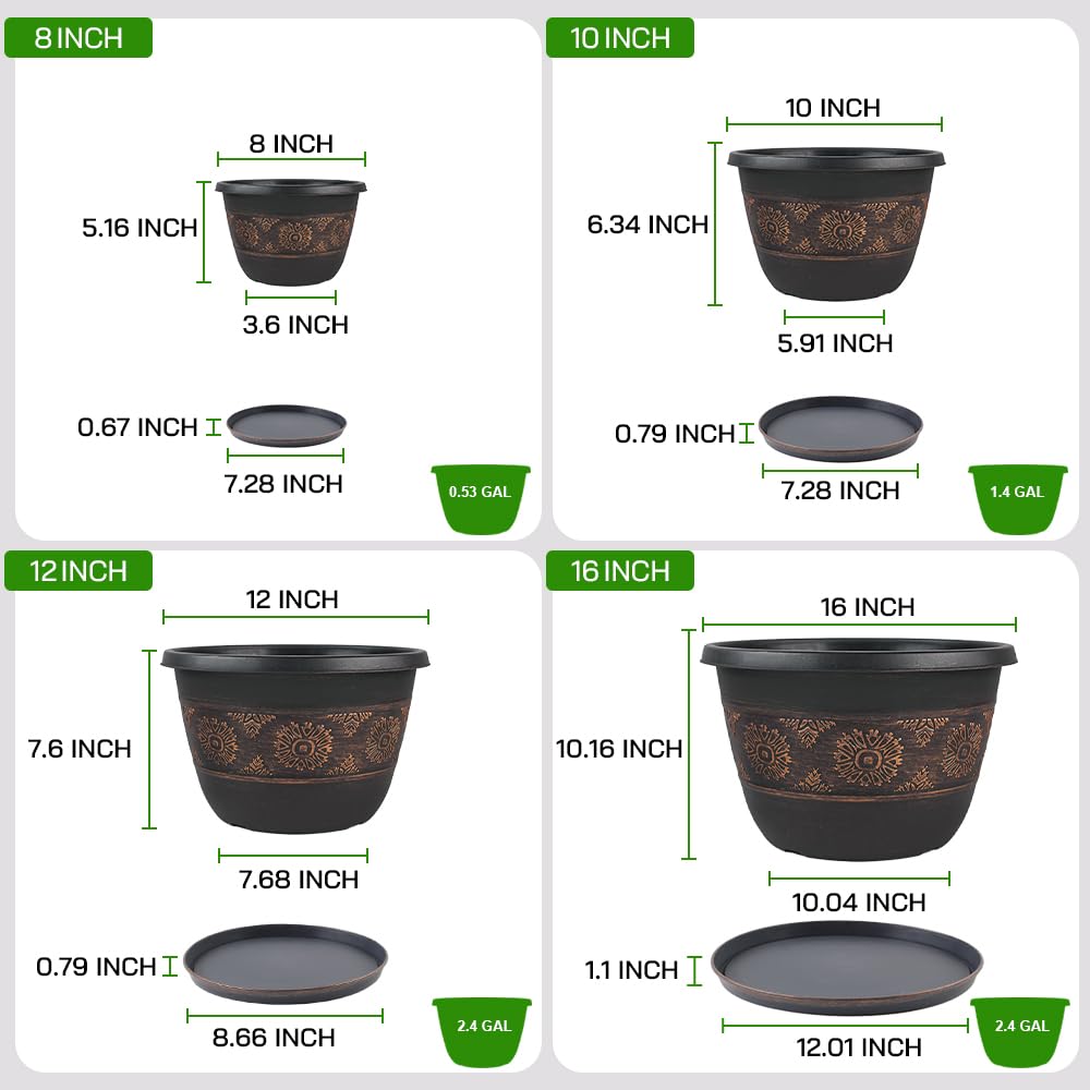 Usocik 4 Pack 16 inch Plant Pots, Retro Pattern Planters with Drainage Holes and Saucer, Sturdy Plastic Garden Flower Pots for Indoor & Outdoor Plants Copper