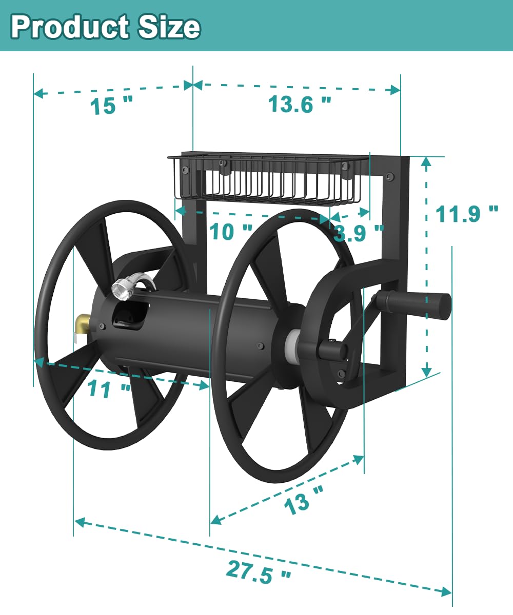 Artigarden Garden Wall Mounted Hose Reel, Outdoor Heavy-Duty Water Hose Holder Winder, Holds 125 Feet of 5/8-Inch Hose, with 3.9 ft Leader Hose, Brass Fitting and Storage Basket for Yard, Black